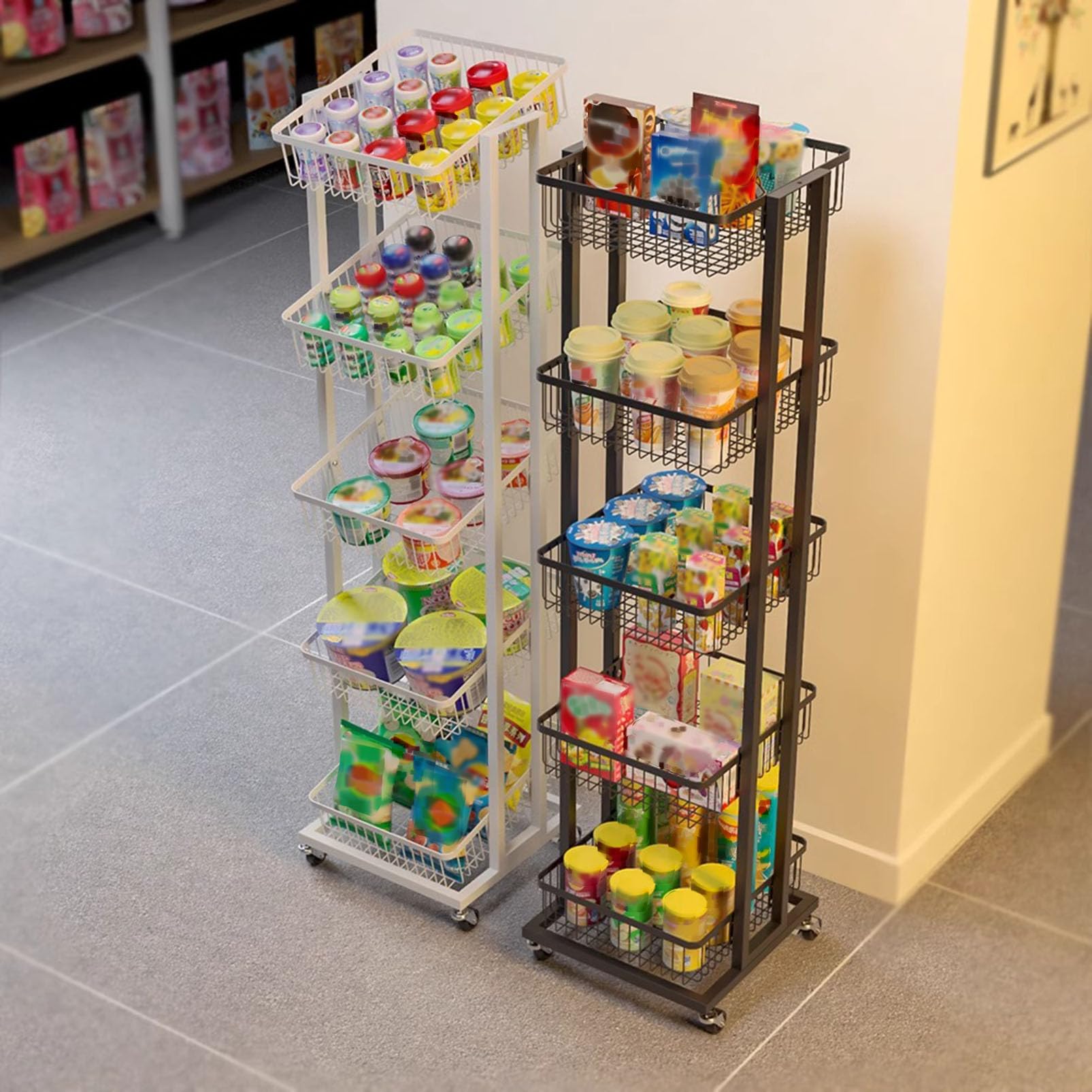 Expositor metálico con Ruedas para Dulces y Aperitivos, Ideal para Tiendas de conveniencia, cafeterías y Bares. Organiza Tus Aperitivos y Frutas con Estilo.