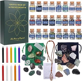 Healing Crystals, Witchcraft Supplies Different Gemstone Mini Bottles Raw Chakra Stones Tumbled Chakra Stones 58 Kits with Magic Candles for Witch Stuff Chakra Healing Gemstones Set