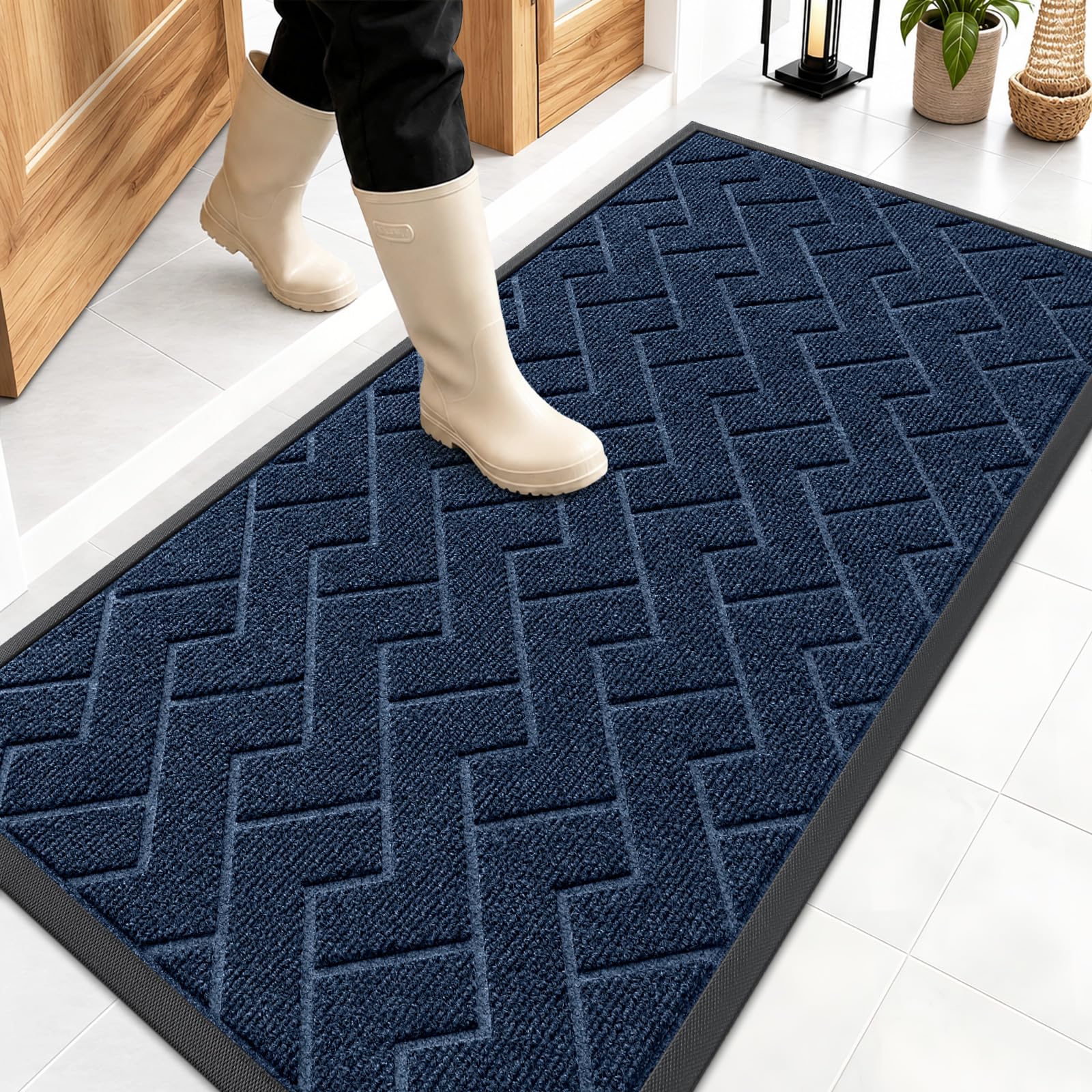 OLANLY Front Door Mat Outside 47x23, All-Season Absorbent Rubber Doormat | Blue, Heavy-Duty, Stain and Fade Resistant, Waterproof Non-Slip Backing, Low-Profile Indoor Outdoor Floor Mat for Entryway