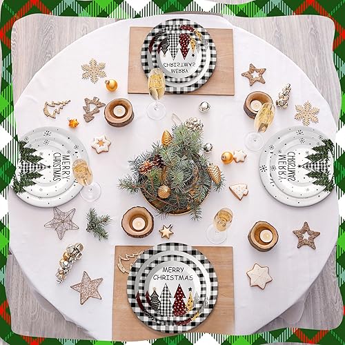 Miniatura 3 de 160 unidades de árboles de Navidad desechables de búfalo a cuadros, de papel de 9 pulgadas, platos de postre de 7 pulgadas, decoración de regalos,