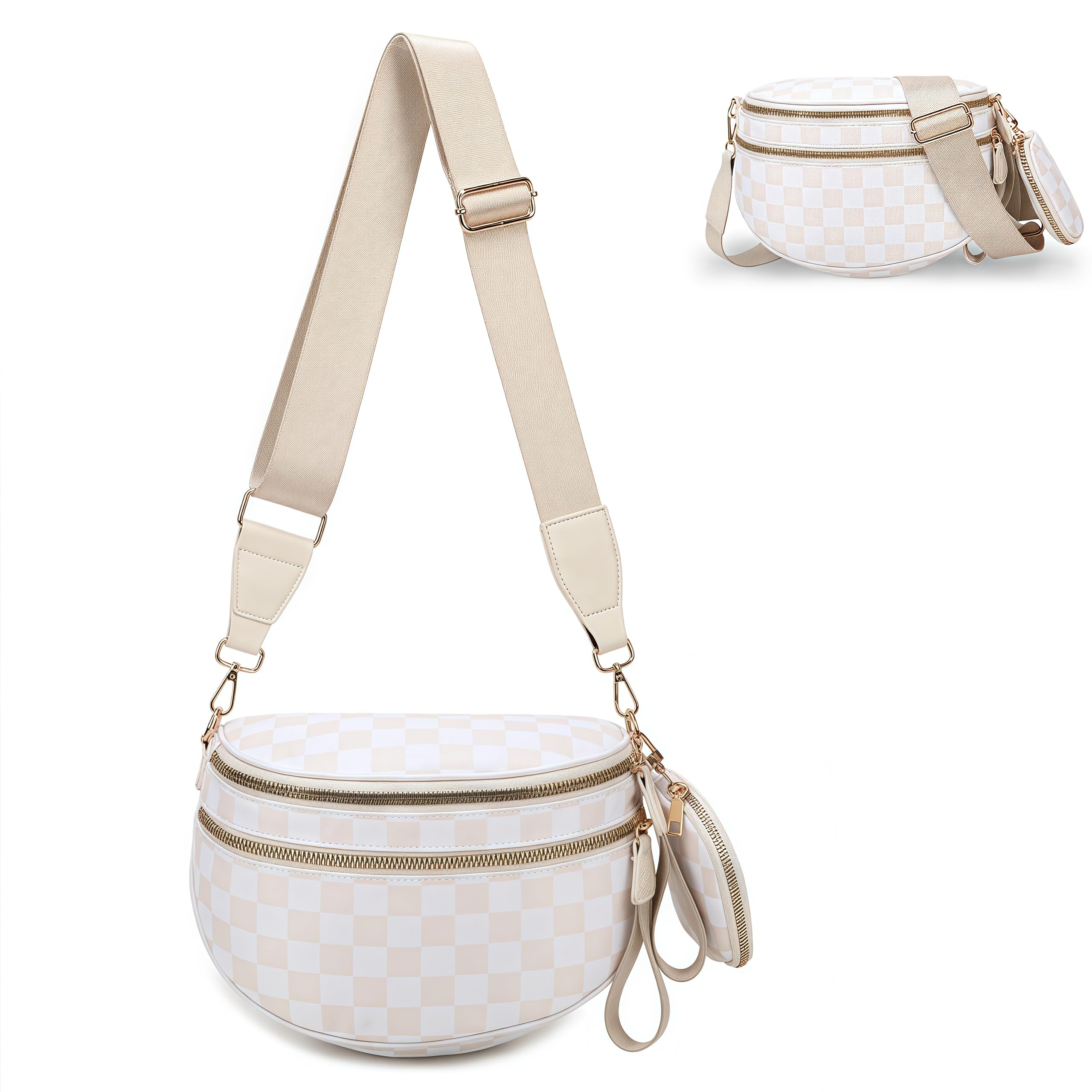 Pallocoo Checkered Crossbody Bum Bags for Women, Nylon Sling Bags with Shoulder Strap, Large Capacity Checkered Purse Bag
