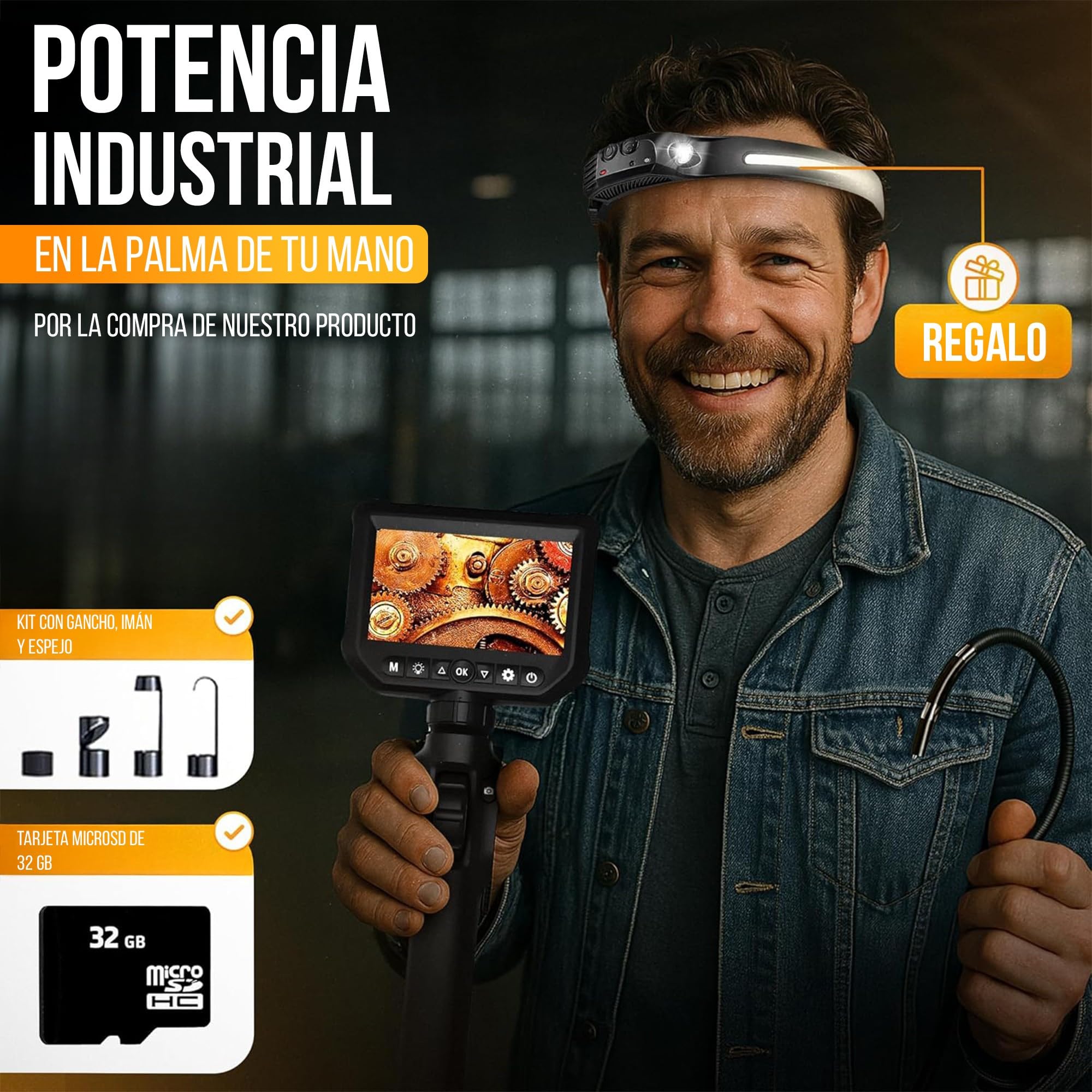 Valuefind Camara endoscopica Profesional Cabezal orientable a 360º endoscopio para inspeccion de tuberias/canalisacion mecanicos/fontaneros Cable de 1 m autofocus + lampara Frontal Manos Libres