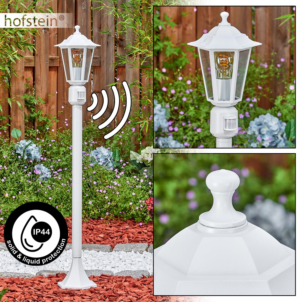 HOFSTEIN Außenstehleuchte Loria mit Bewegungsmelder, Außenwegeleuchte aus Metall/Glas in Weiß/Klar, Wegeleuchte im Antik/Landhaus/Vintage-Design für Garten, Außenbereich, Hof, 107 cm, E27, IP44