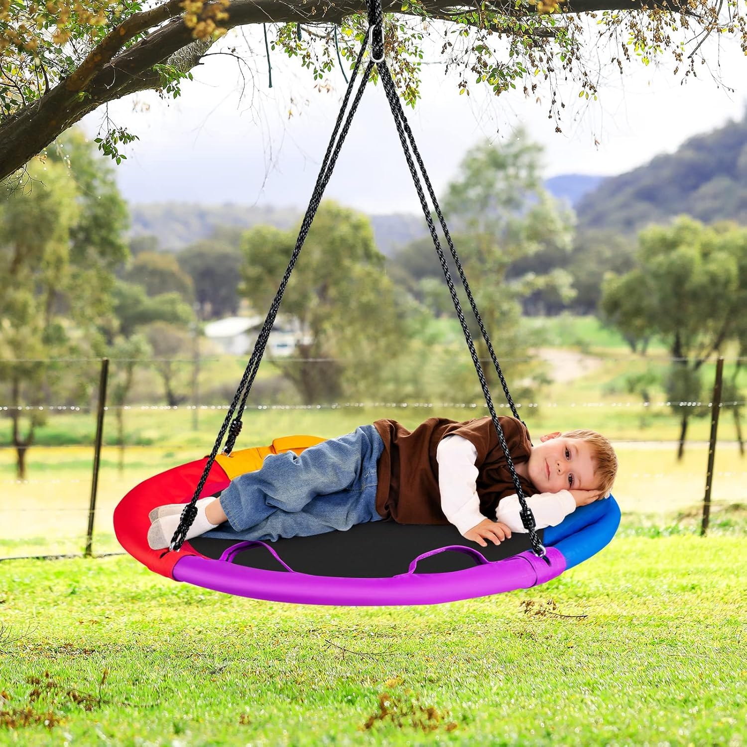 GOPLUS Columpio Jardín Exterior, Máxima Carga 150 KG, Tela Oxford y PP Seguro y Duradero al Aire Libre, Columpio Redondo Grande Diámetro 100cm, Cuerdas Ajustables, con Almohada, para Niños y Adultos