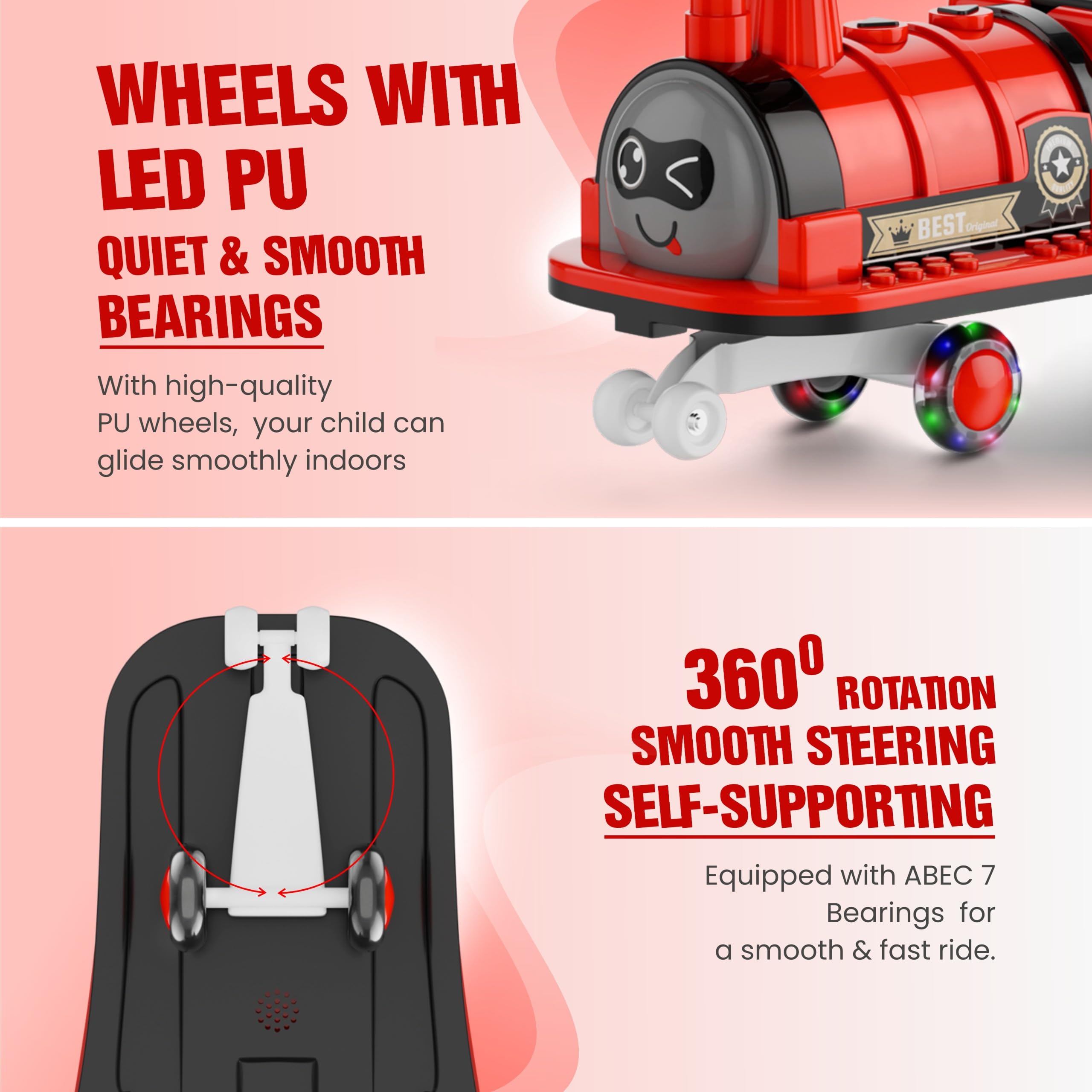 kidsROAR Panda Car for Kids Train Shape - Push Car Magic Swing Fun Musical Rider with Lighting Silicone Wheels, Music, and Lights - Perfect for Ages 1 to 5 Years & Up | 100kg Capacity 8188(RED) - Image 5 thumbnail