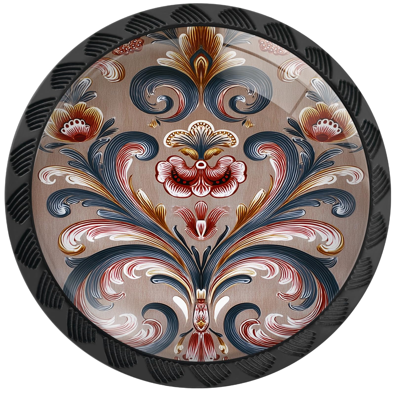 Artinhand 4 Pack Norwegian Rosemaling Folk Style Floral Cabinet Knobs Round Drawer Pulls Black Dresser Knob Cupboard Door Handles Hardware for Kitchen Bathroom Cabinets