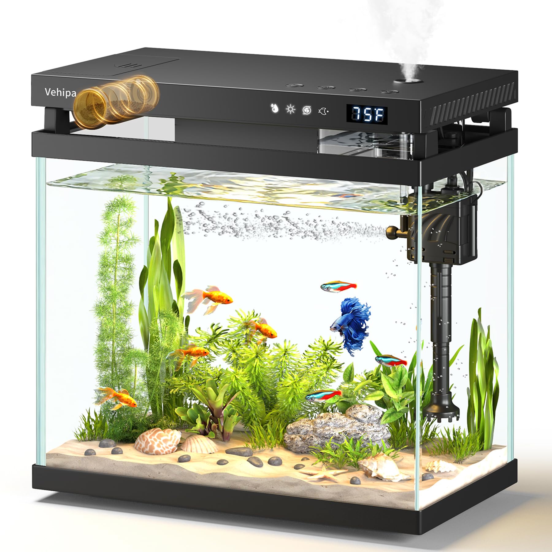 Vehipa Acuario, Acuario de Cristal de 8 litros, Kits de Acuario Negro | humidificador, comedero automático, bomba de agua, indicador de temperatura e iluminación de 7 colores