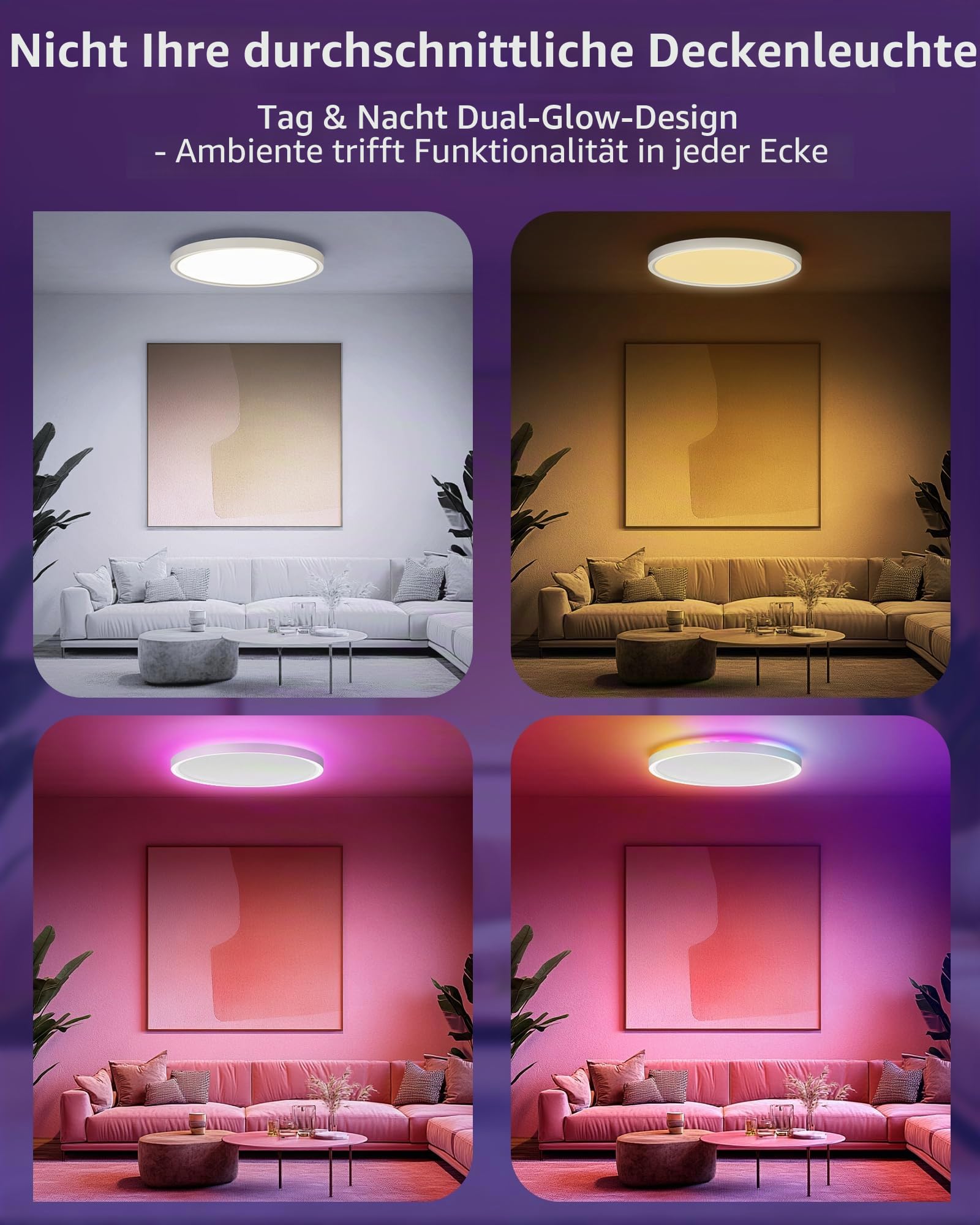 2ER LED Deckenleuchte Smart Alexa - 30W Deckenlampe Flach Dimmbar mit RGB Hintergrundbeleuchtung WIFI Fernbedienung Sprachsteuerung für Wohnzimmer Schlafzimmer Ø30CM OVIA LA24