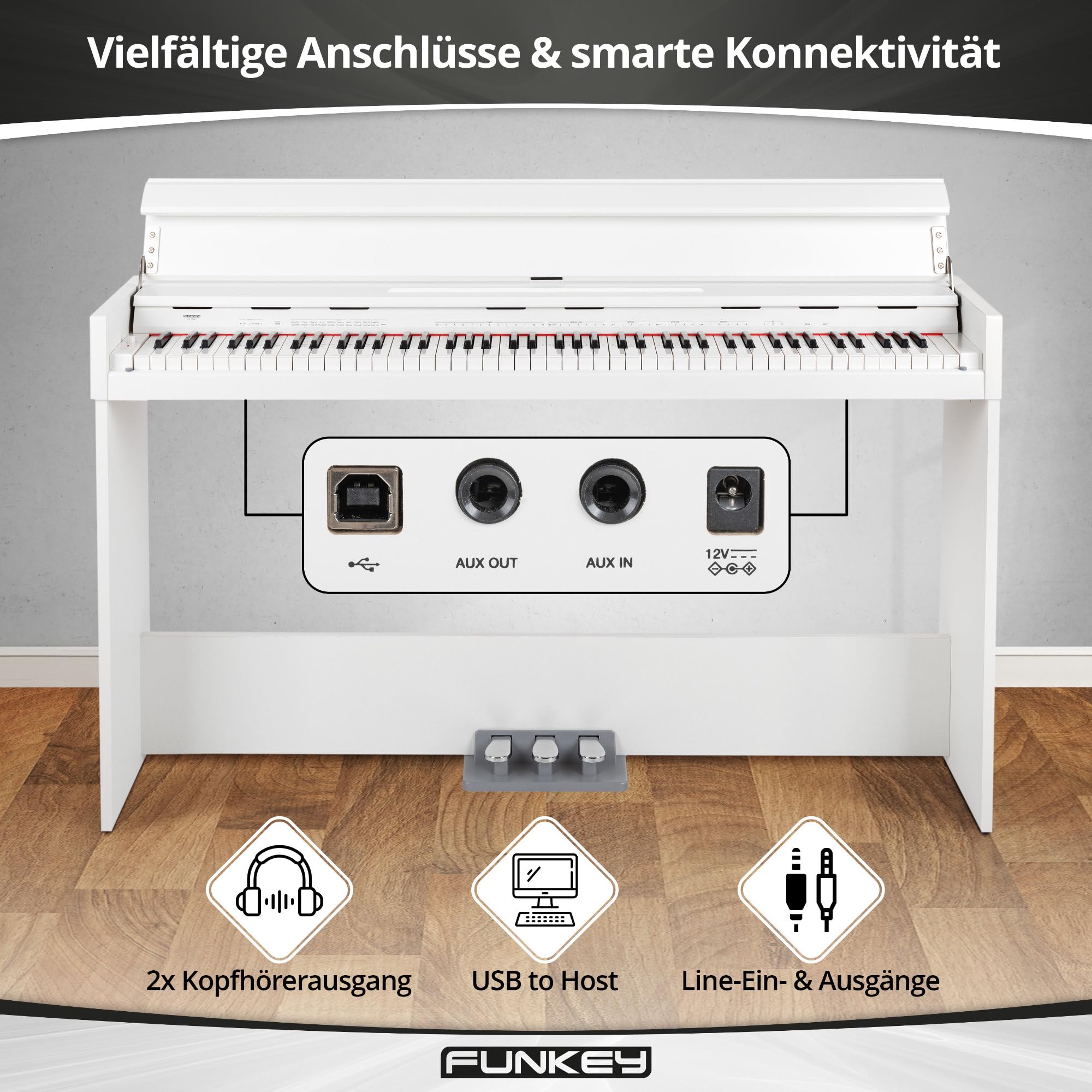 Funkey DP-1088 WM Piano numerique set - 88 touches clavier fin - 20 sons, unité de pédale incluse - Banc et casque inclus - Blanc mat