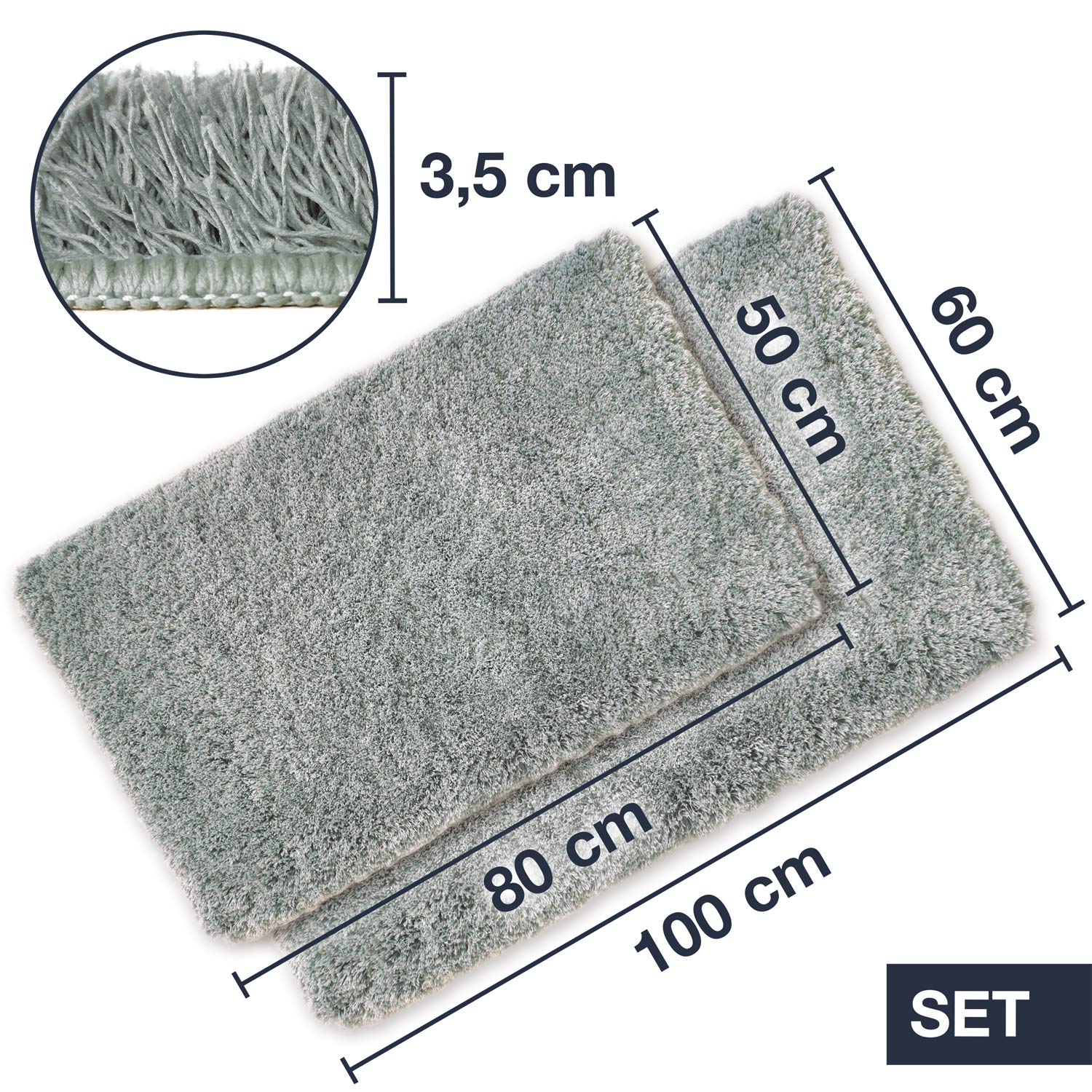 WohnDirect Premium Premium Badematten Set 2tlg. • Badvorleger Duschmatte • rutschfest & Waschbar • Badteppich, Badezimmerteppich Set Grau • 2er Set (50x80cm + 60x100cm)