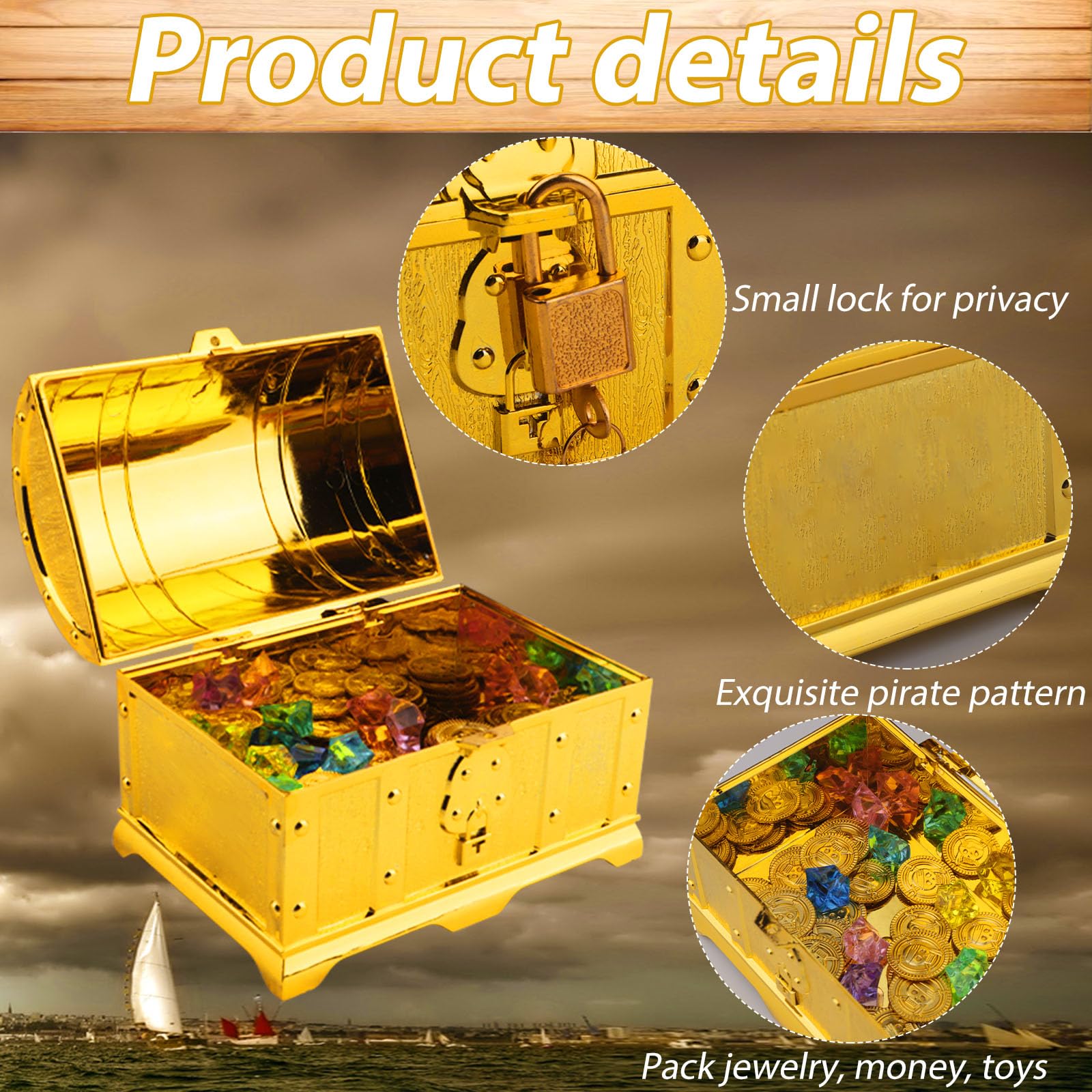 Hejo Oro Scrigno Del Tesoro Per Bambini Con Lucchetto – Baule Portagiochi 14cm Con 20 Monete E 100 Gemme Finte – Per Feste Pirata E Caccia Al Tesoro