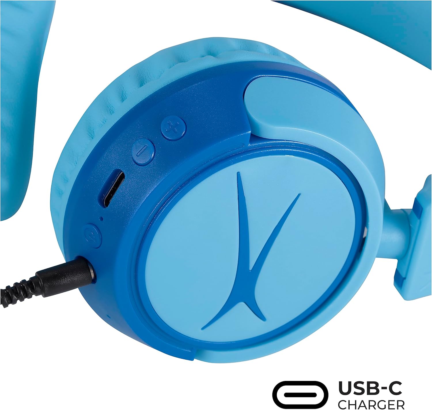 Close-up of the headphone earcup showing the USB-C charging port, power button, volume controls, and 3.5mm audio jack.