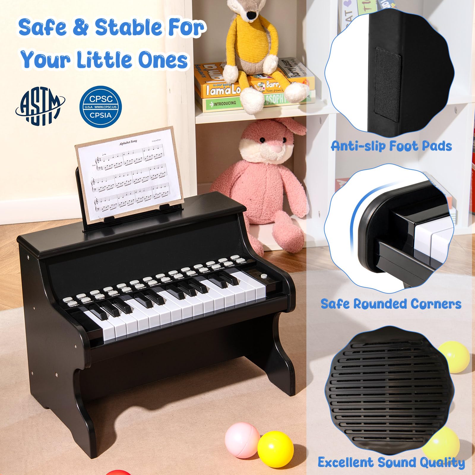 KOMFOTTEU Pianoforte digitale a 25 tasti per bambini, pianoforte in legno con leggio, tasti illuminati, modalità didattica, 6 strumenti, 8 percussioni, tastiera per pianoforte con registrazione e