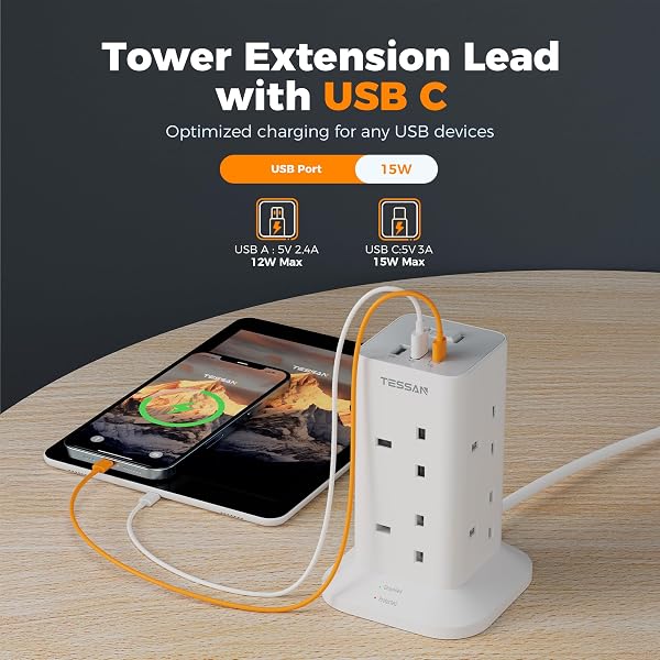 TESSAN Tower Extension Lead with USB C Slots, 8 Way Plug Extension Socket with Switch, Surge Protected Power Strip with 2M Cable for Home, School Supplies - 3