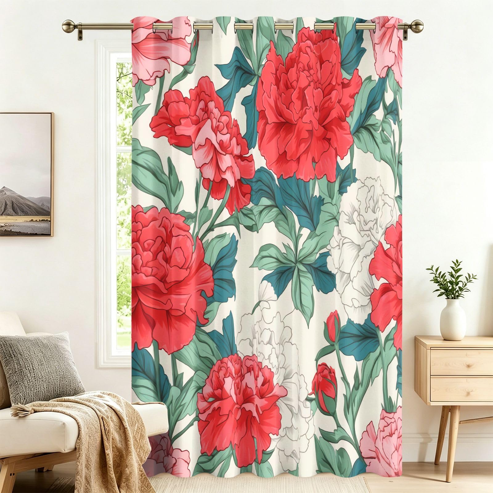 Fadaing Room Divider Curtains, Blackout, Peony Flowers Curtains with Eyelets, 1 Piece, 183 x 132 cm, Blackout Thermal Curtains, Heat Insulating, Winter, Summer, Thermal Protection, Indoor Sun