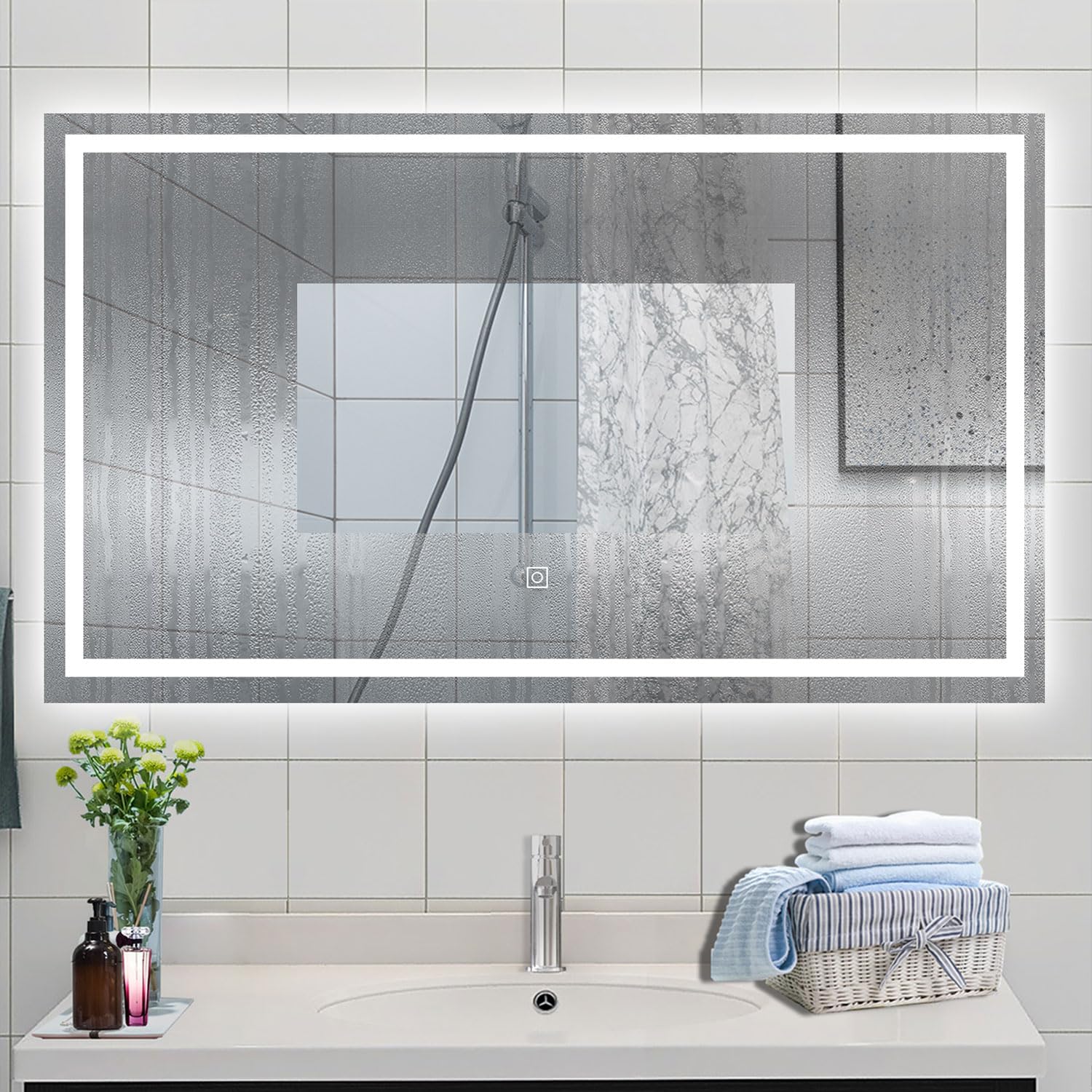 Simple Bathrooms White 1100 * 800Mm Bathroom Rectangular Mirror, Dimmable Led, Anti-Fog, Memory Function, Touch Sensor, Explosion-Proof, Ip44