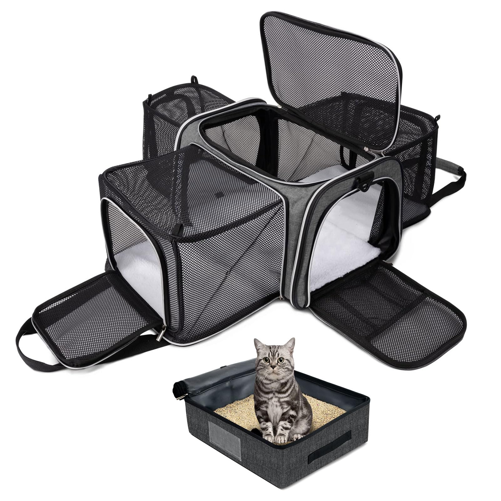 BAGLHER Expandable Cat Carrier with Travel Litter Box, Pet Travel 5 Sides Open Doors 3 Sides, Leak-Proof and Collapsible, for Car, Airplane Trip, Grey