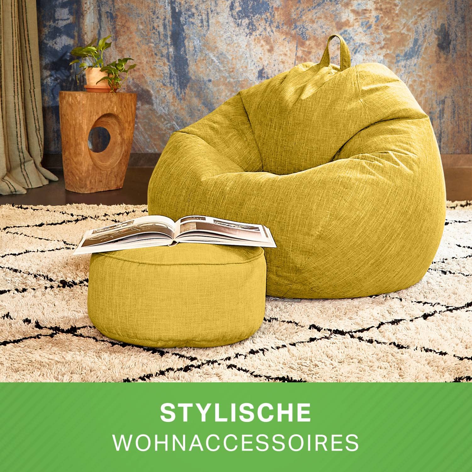Green Bean Sitzsack-Hocker Home Linen rund 45x25cm mit EPS-Perlen Füllung - Fußhocker Sitz-Pouf für Sitzsäcke - Bodenkissen für Kinder und Erwachsene - Sitzkissen Sitzhocker Gelb