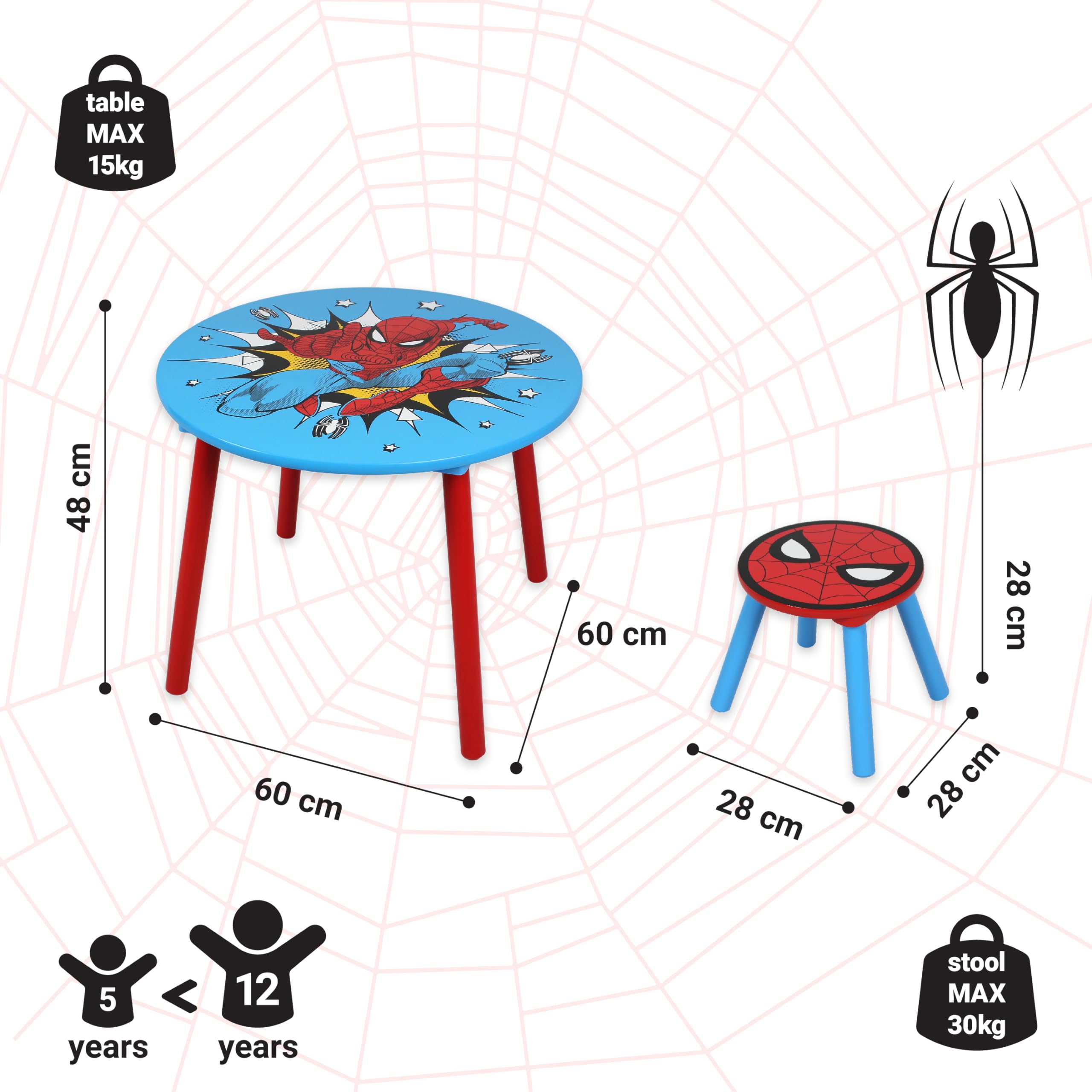 Disney Marvel Spider-Man Table and Stool Set for 2, Holds up to 30kg per stool, Perfect for Playtime and Activities, Small - Image 3