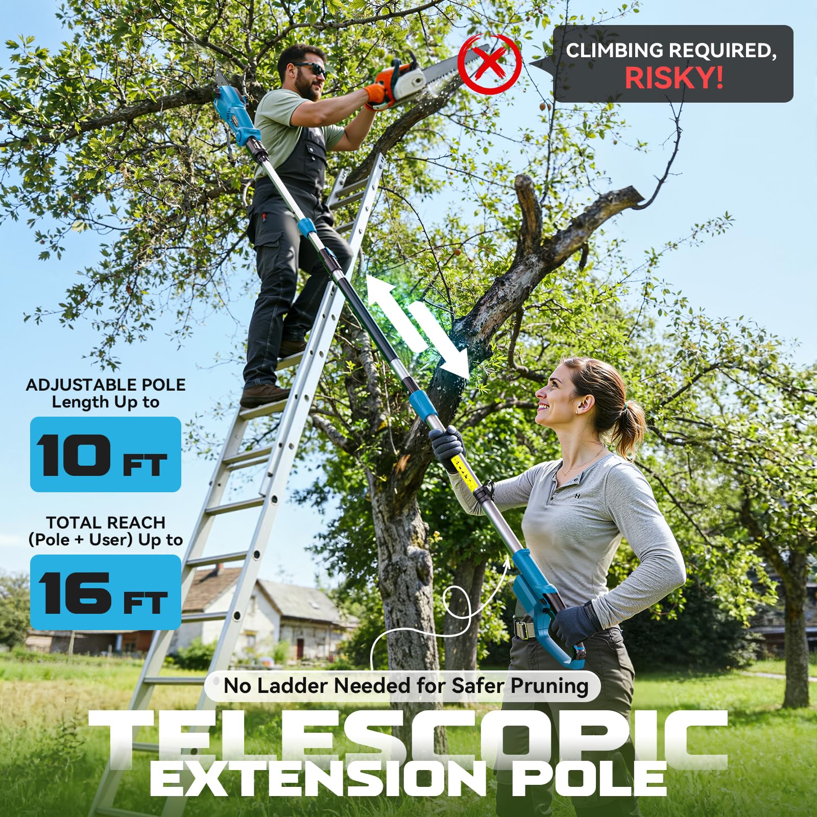 LIVOWALNY Akku Hochentaster kompatibel mit Makita 18V Akku, 8 Zoll Kettensäge mit Teleskopstange 2,1–2,7 m, 26 ft/s, automatischer Ölung, werkzeuglose Kettenspannung, 0–45° Schneidkopf (ohne Akku)