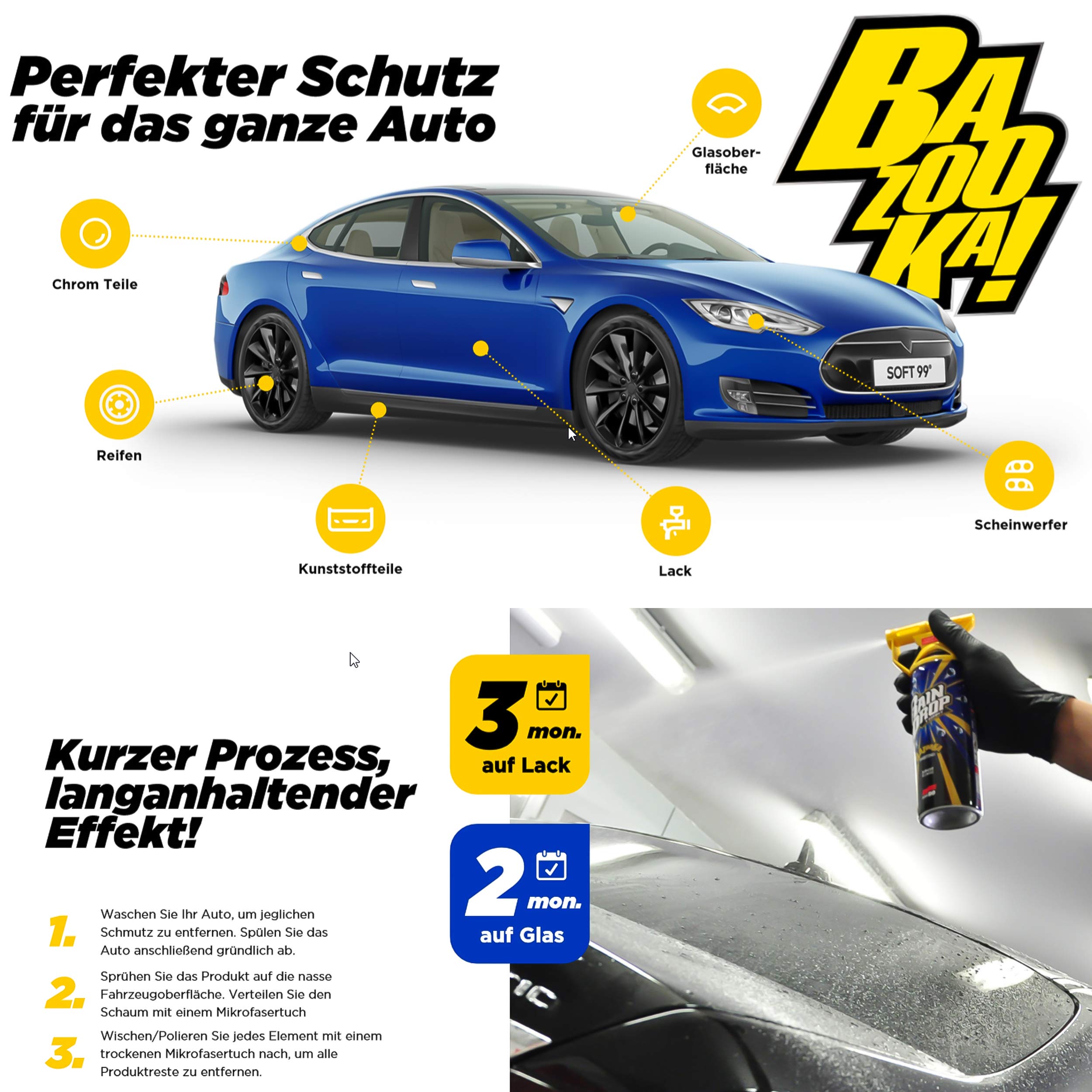 Detailmate Versiegelung Set: Soft99 Rain Drop Bazooka, 300ml - Sprühversiegelung für Lack, Scheinwerfer, Glasoberfläche, Reifen, Chrom, Kunststoff (außen), Felgen + Premium Mikrofasertuch