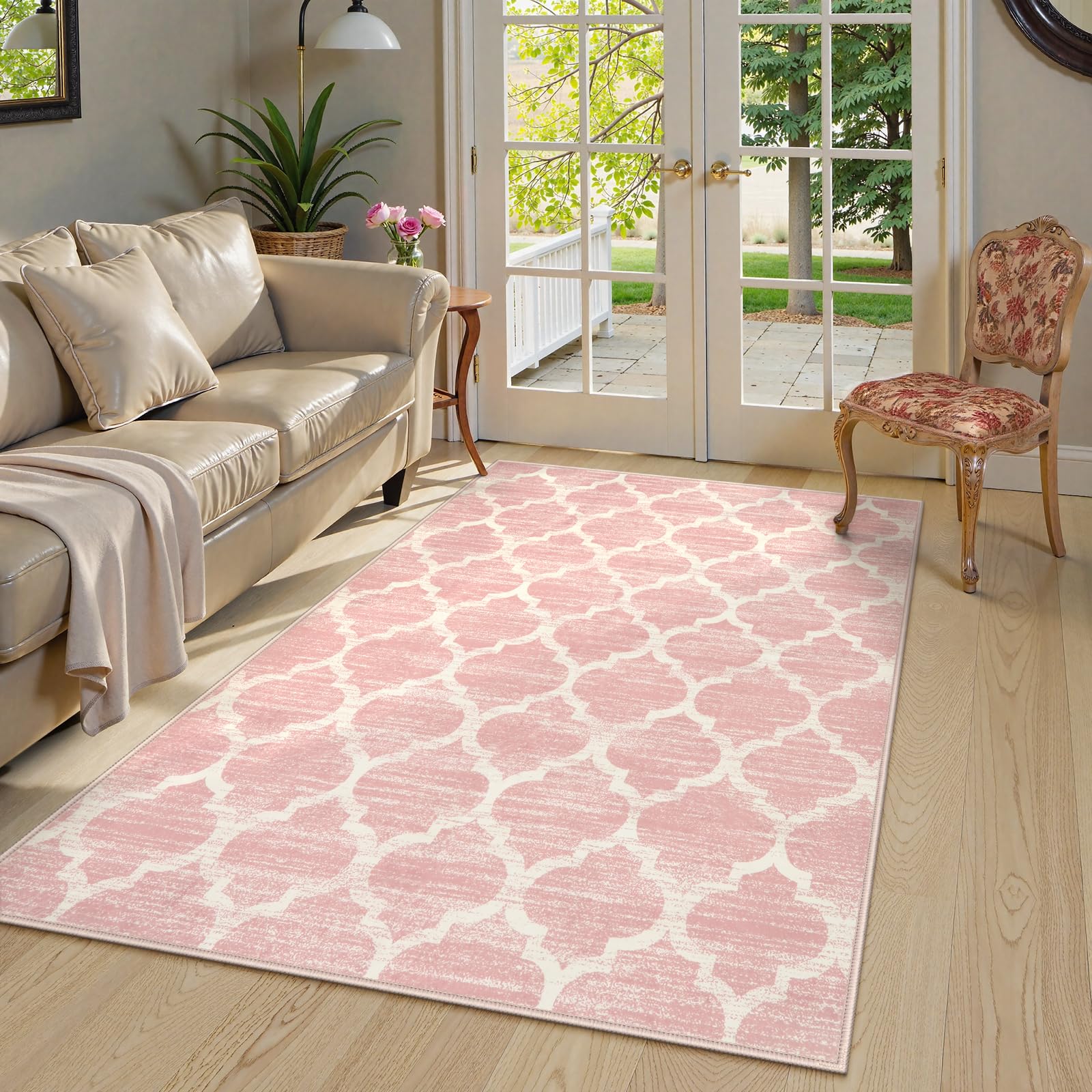 Lahome - Alfombra suave de pelo corto, 150 x 210 cm, lavable, para cuarto de bebé, dormitorio de niñas, sala de juegos, estilo bohemio, rosa