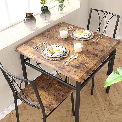 Juego de mesa de cocina para 2, mesa de comedor y sillas para 2, juego de mesa de comedor con 2 sillas de madera y metal, juego de mesa de cocina