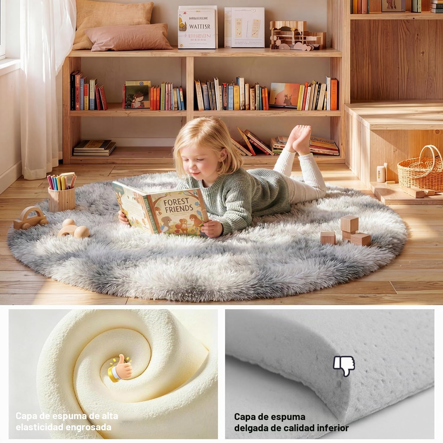 Alfombras Salón Redonda Pelo Largo Alfombra Habitación Dormitorio Lavables Alfombra Antideslizante Muy Suave para salón o Dormitorio, Alfombra esponjosa de Cama(Gris Claro,Ø 120 cm Ronda)
