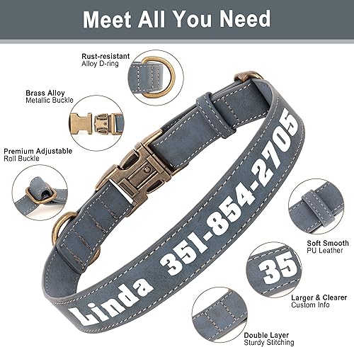 Miniatura 3 de Collar de perro de cuero personalizado para cachorros, collar de perro azul suave personalizado con nombre grande y número de teléfono, collares