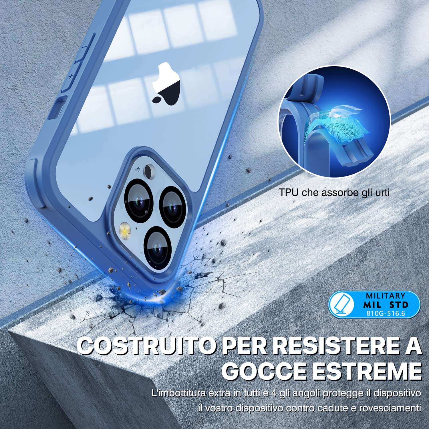 CENHUFO Cover iPhone 13 Pro, con Protezione Schermo Vetro Temperato Integrata e Pellicola Fotocamera [9H HD] 360 Gradi Antiurto Trasparente Case Fronte Retro Doppia Custodia per iPhone 13 Pro -Blu