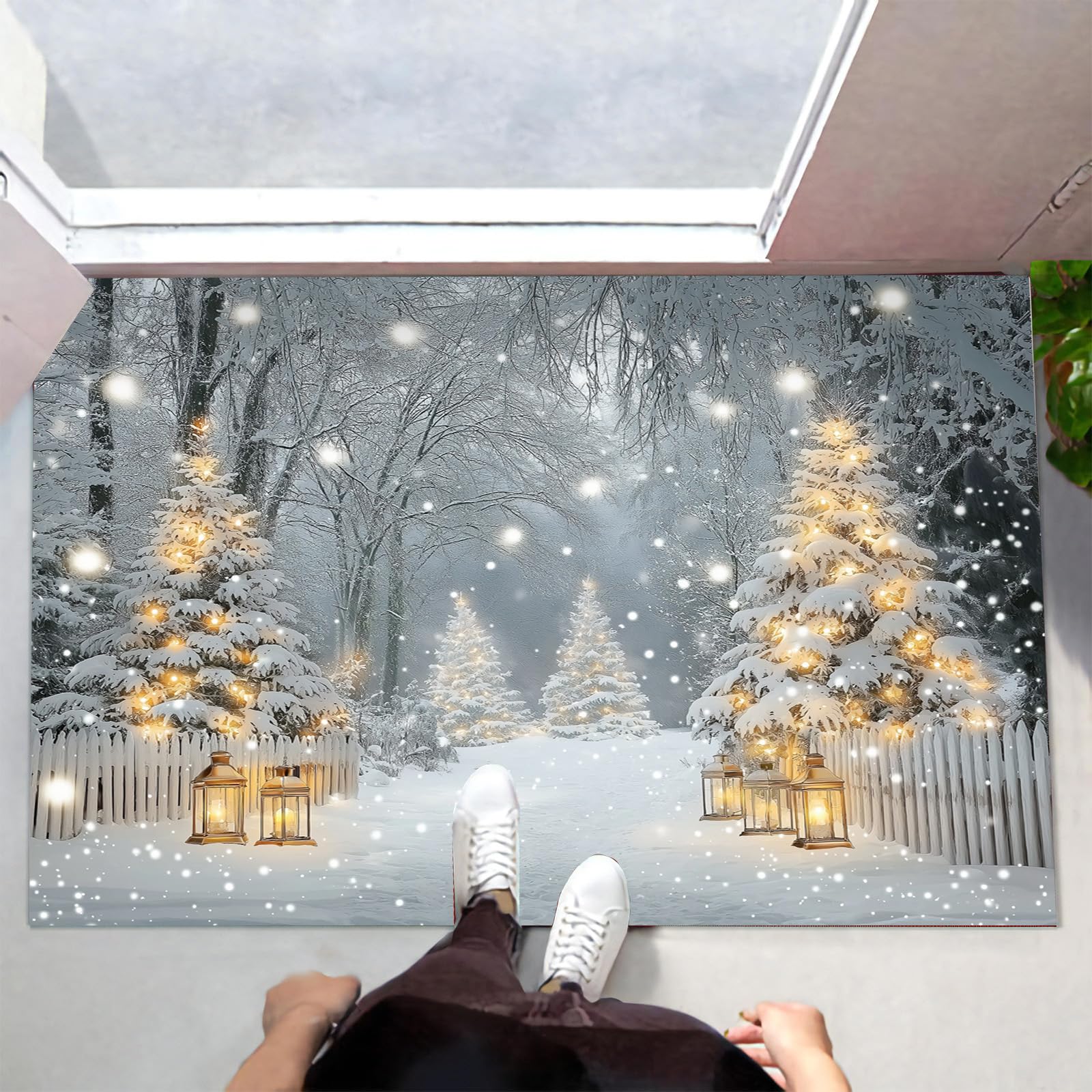 Fußmatte 80X120Cm - rutschfeste Eingangsmatte, Strapazierfähige Fußmatte, Schmutzfangmatte Mit Gummibeschichtung Für Den Außenbereich, Winterwald-Schneeszene Waschbare Fußmatte