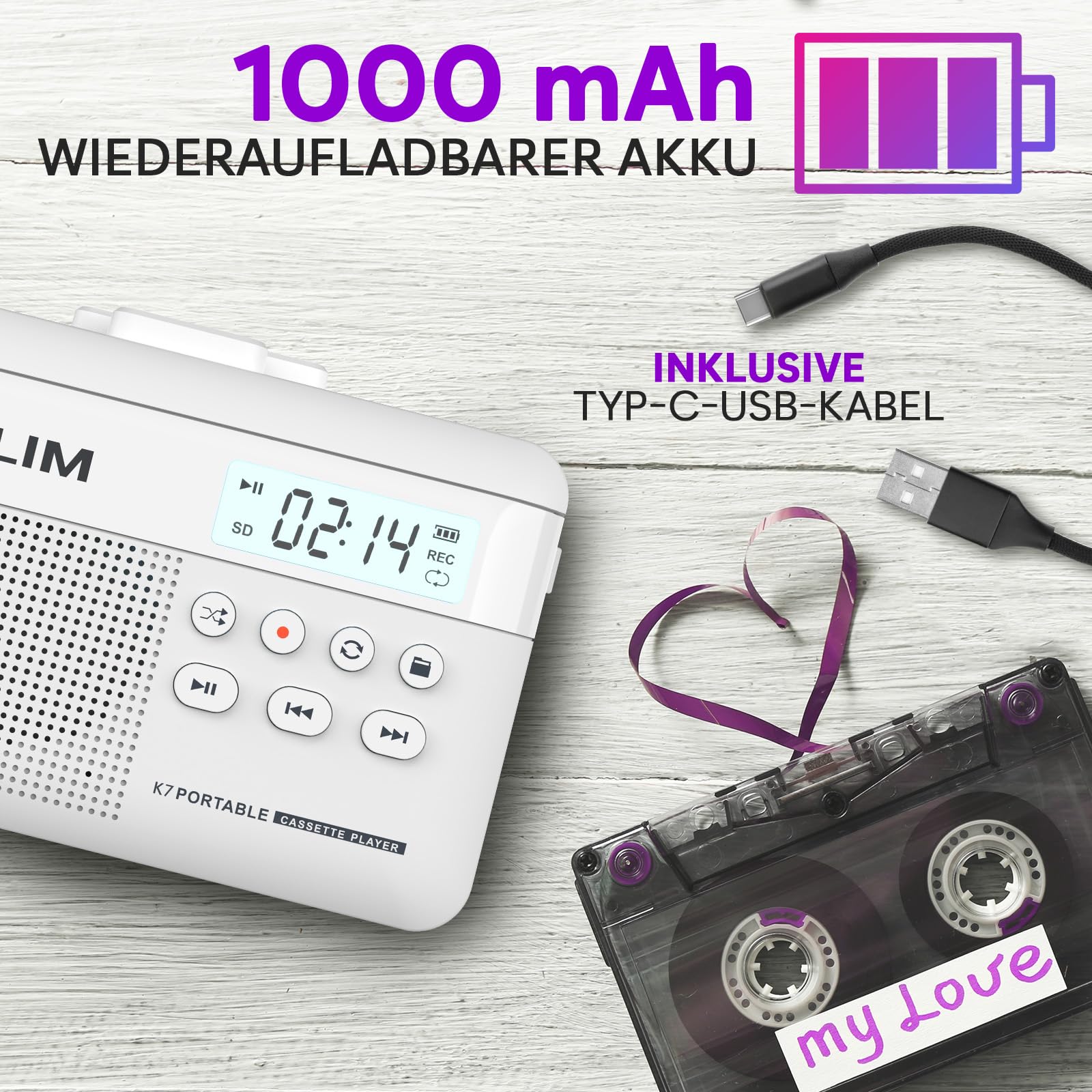 Kassettenspieler - Kassettenrekorder - Cassette Gerät - Kassetten Digitalisieren - Tragbarer Kassettenrekorder - Mikrofon & Lautsprecher - Wiederaufladbarer Aufladbar - Stereoausgang - 16GB SD-Karte