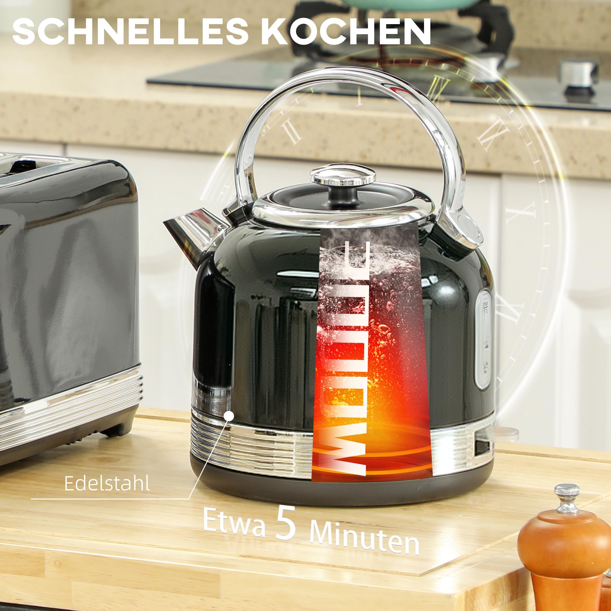 Homcom Ensemble grille-pain en acier inoxydable 2200 W 1,7 l Bouilloire, grille-pain à 4 tranches, 7 niveaux d'or, réchauffement et décongélation, ensemble de petit-déjeuner avec filtre de sortie de