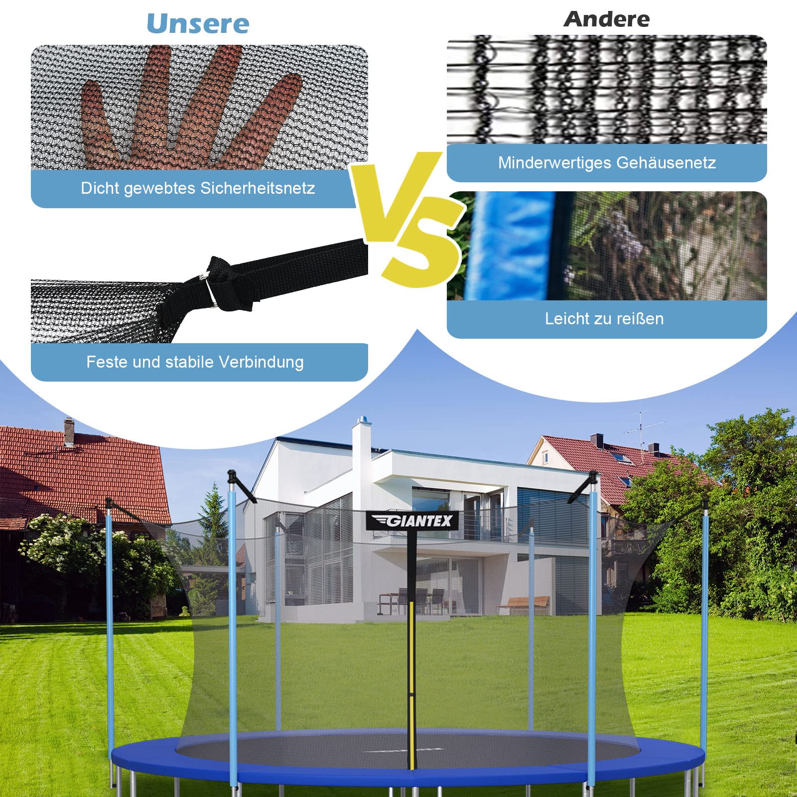 COSTWAY Ø244 /305/366 /427/457 /487cm Trampolin Sicherheitsnetz für Gartentrampoline, Ersatznetz innenliegend mit Reißverschluss und Schnallen, für 6/8 Stangen, Netzhöhe 180 cm