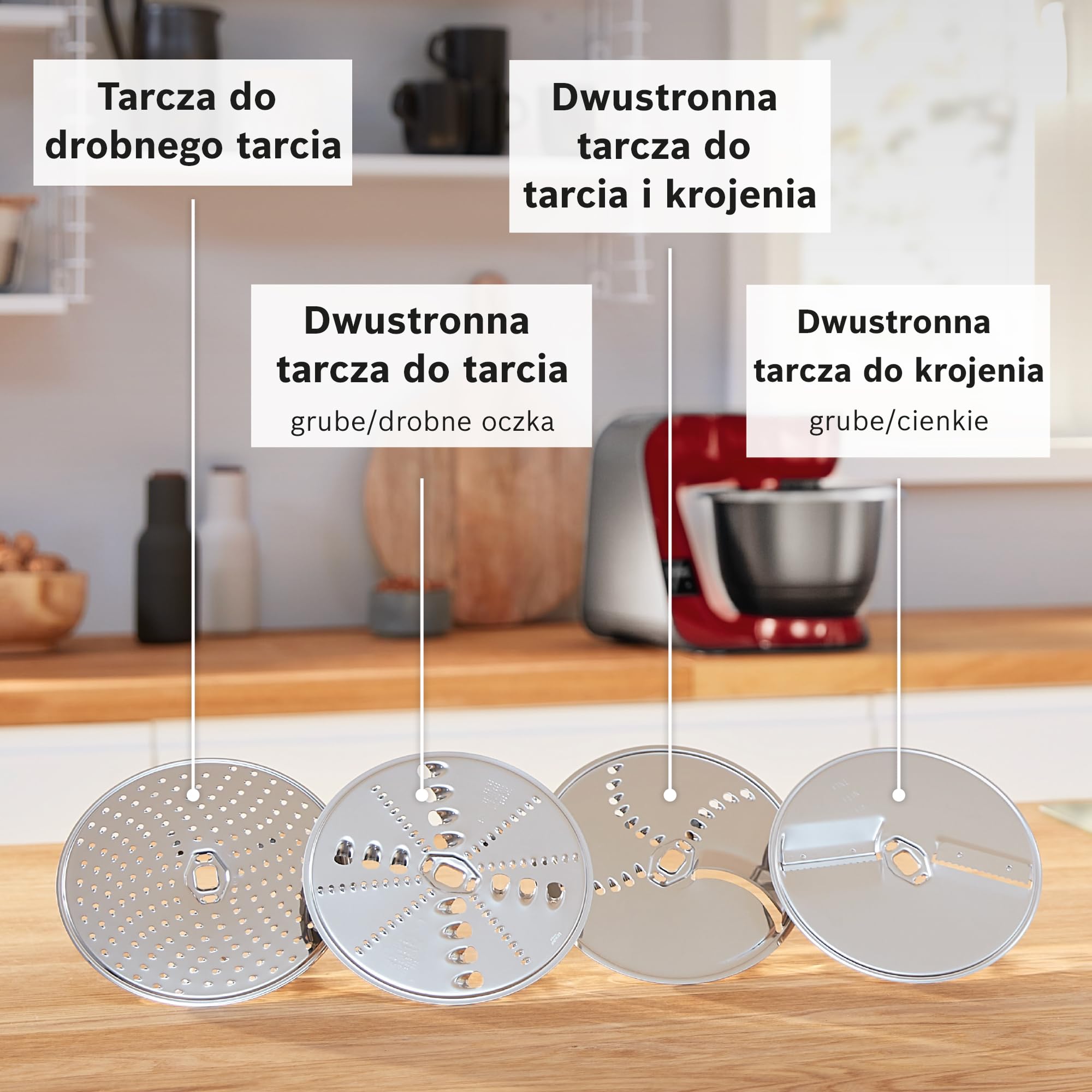 Bosch, mikser stojący, MUM5, 1000 W, 7 ustawień prędkości, miska ze stali nierdzewnej 3,9 l, zestaw do ciast w zestawie, waga, timer, blender, ciągła szatkownica z czterema dyskami, czerwony, MUM5X720