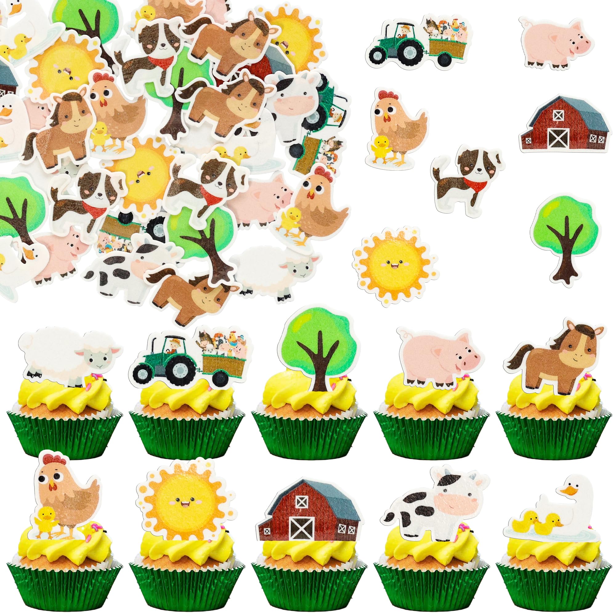 Gyufise 55Pcs Edible Farm Theme Cupcake Toppers Wafer Paper Animal Cartoon Tractor Barnyard Cupcake Toppers Dessert Muffin Cake Picks Cake Decoration