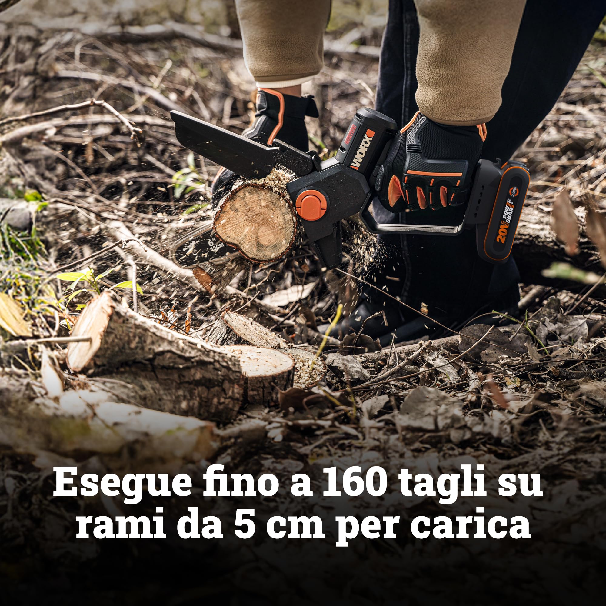 WORX WG327E.9 - Mini motosega a batteria, 20 V, lunghezza spada, 15 cm, motore brushless, cambio e tensione senza attrezzi, senza batteria e caricatore (compatto, leggero e cura degli arbusti)