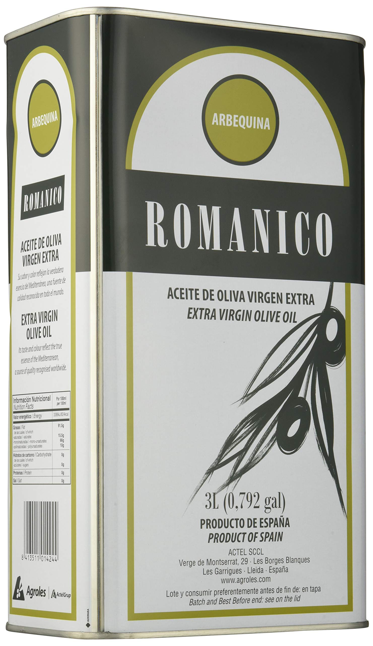 ROMANICO. Aceite de Oliva Virgen Extra de la variedad Arbequina. Lata de 3 litros.