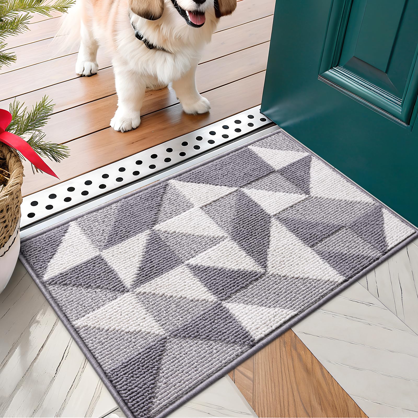 OLANLY Door Mat Indoor Entrance Washable 30x17, Odor-Free Low-Profile Front Back Geometric Doormat, Absorbent Resist Dirt Entry Carpet, Easy to Clean