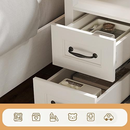 Miniatura 4 de LINSY HOME Mesa auxiliar estrecha con estación de carga, mesa auxiliar con parte superior de cristal, estante abierto y 2 cajones, mesa de sofá