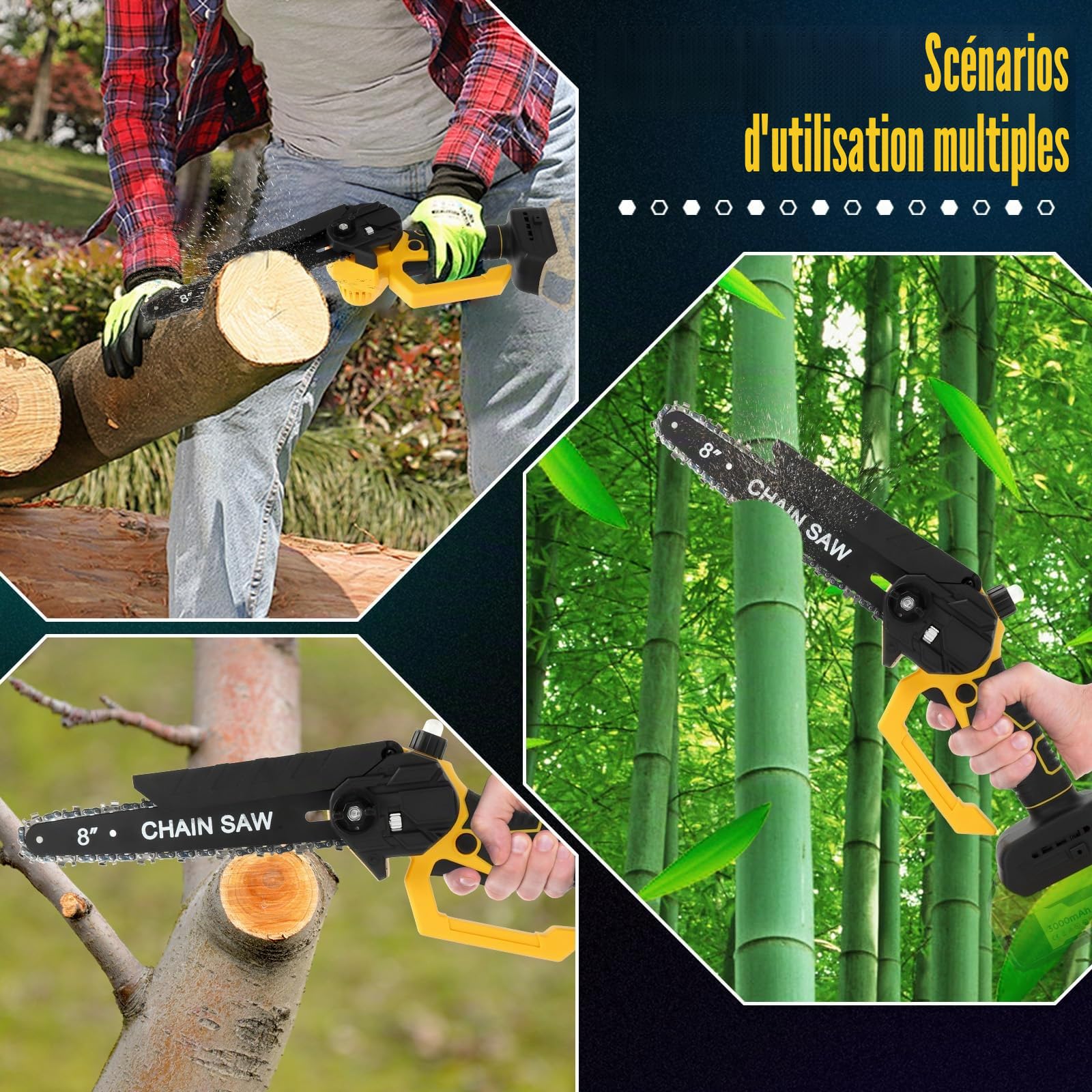 Mini Tronconneuse 8 et 6 Pouces Compatible avec Dewalt 20V Batterie, Tronçonneuse Électrique sans balais avec 4 chaînes, Lubrification Automatique, pour la Jardinage (sans batterie)
