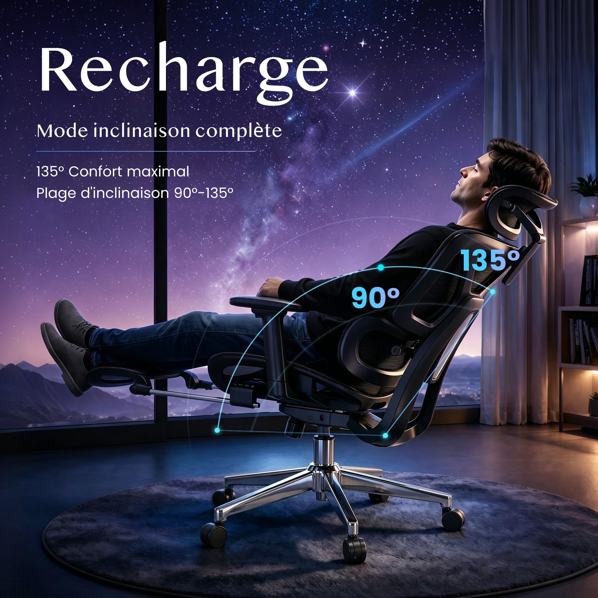 FLEXISPOT ErgoX Chaise Bureau avec Repose-Pieds, Accoudoirs 3D, Chaise de Bureau Ergonomique en Maille Pivotante, Réglable en Hauteur avec Appuie-tête et Soutien Lombaire Indépendant, Noir