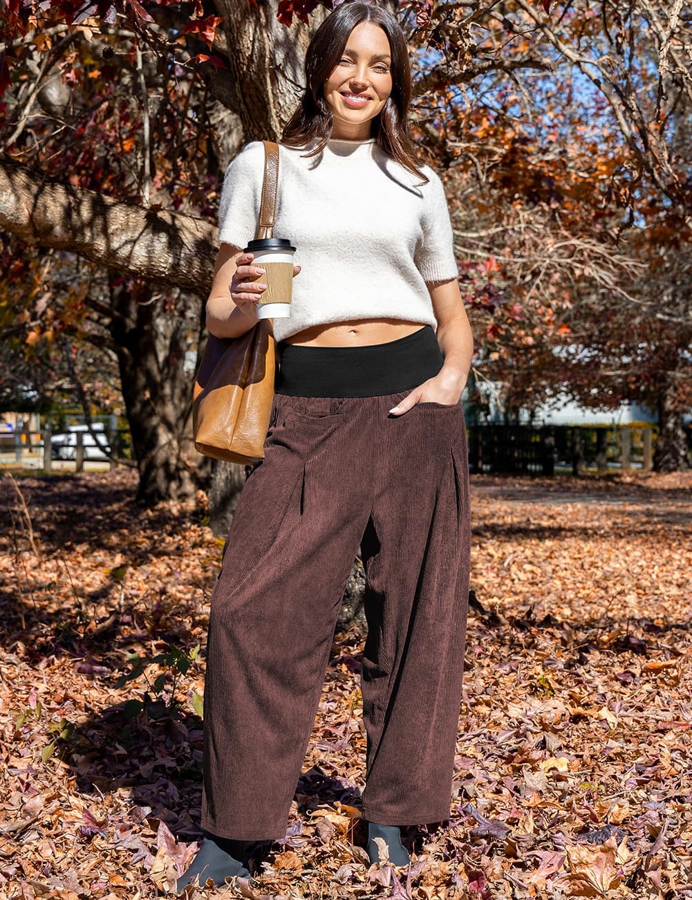 TARSE Womens Corduroy Harem Pants Casual Elastic Waist Wide Leg Pants Boho Loose Fit Baggy Trousers with Pockets - Image 2