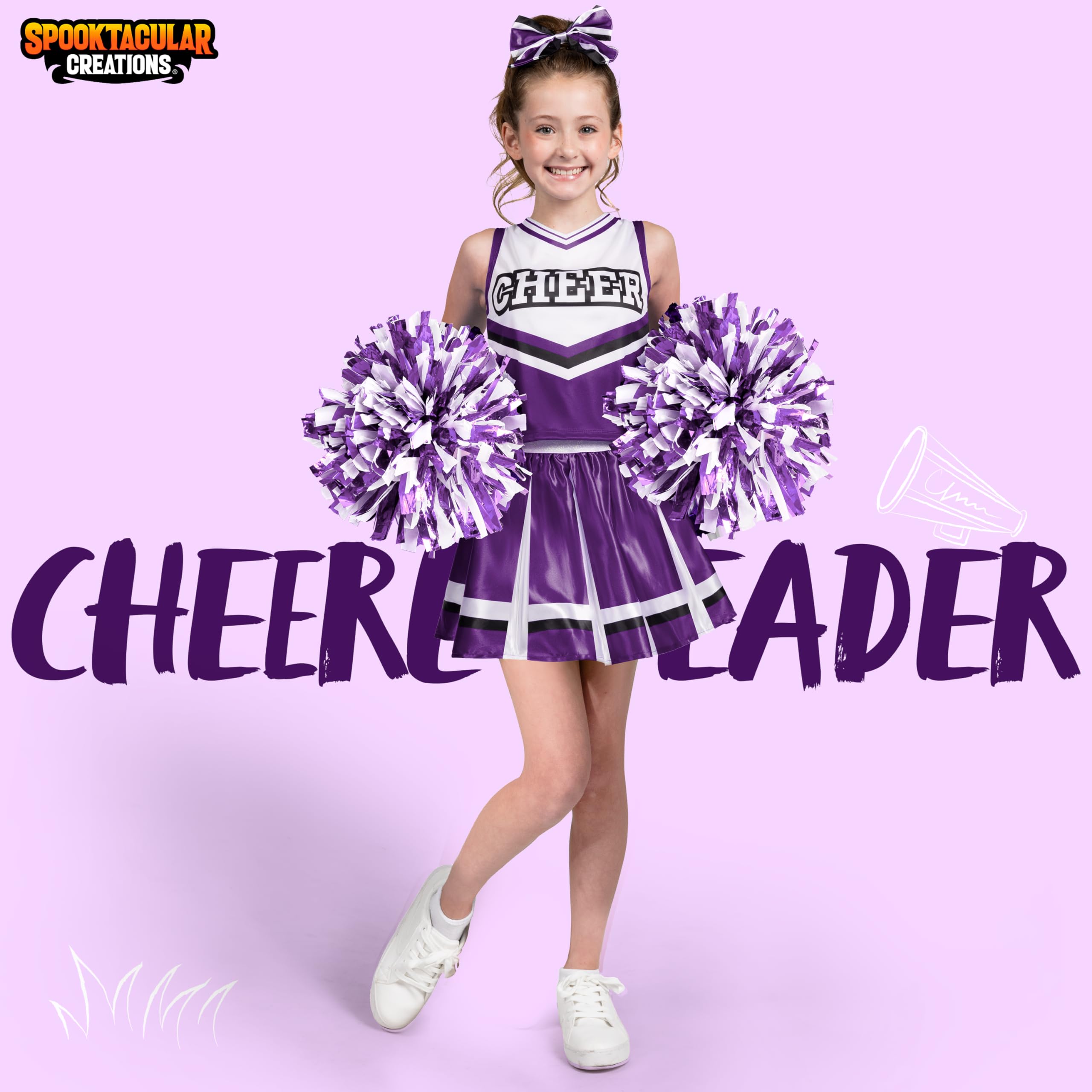 Spooktacular Creations Halloween Girl Cheerleader Costume, Purple Cheer Uniform Set, Cute Cheerleading Outfit with Accessories for Halloween Dress-Up, High School Themed Party (Large, 10-12 yrs)