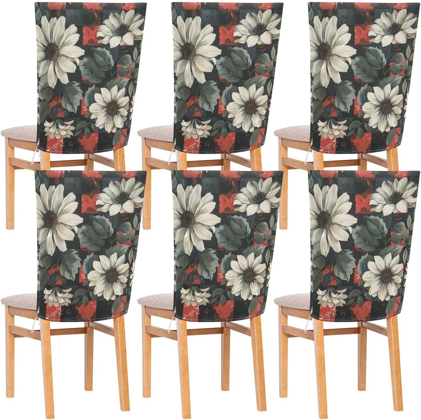 ALAZA Retro Daisy Flowers Chair Back Cover Set of 6, Washable Reusable Removable Chair Slipcovers Decorative Chair Cover for Home Kitchen Wedding Party