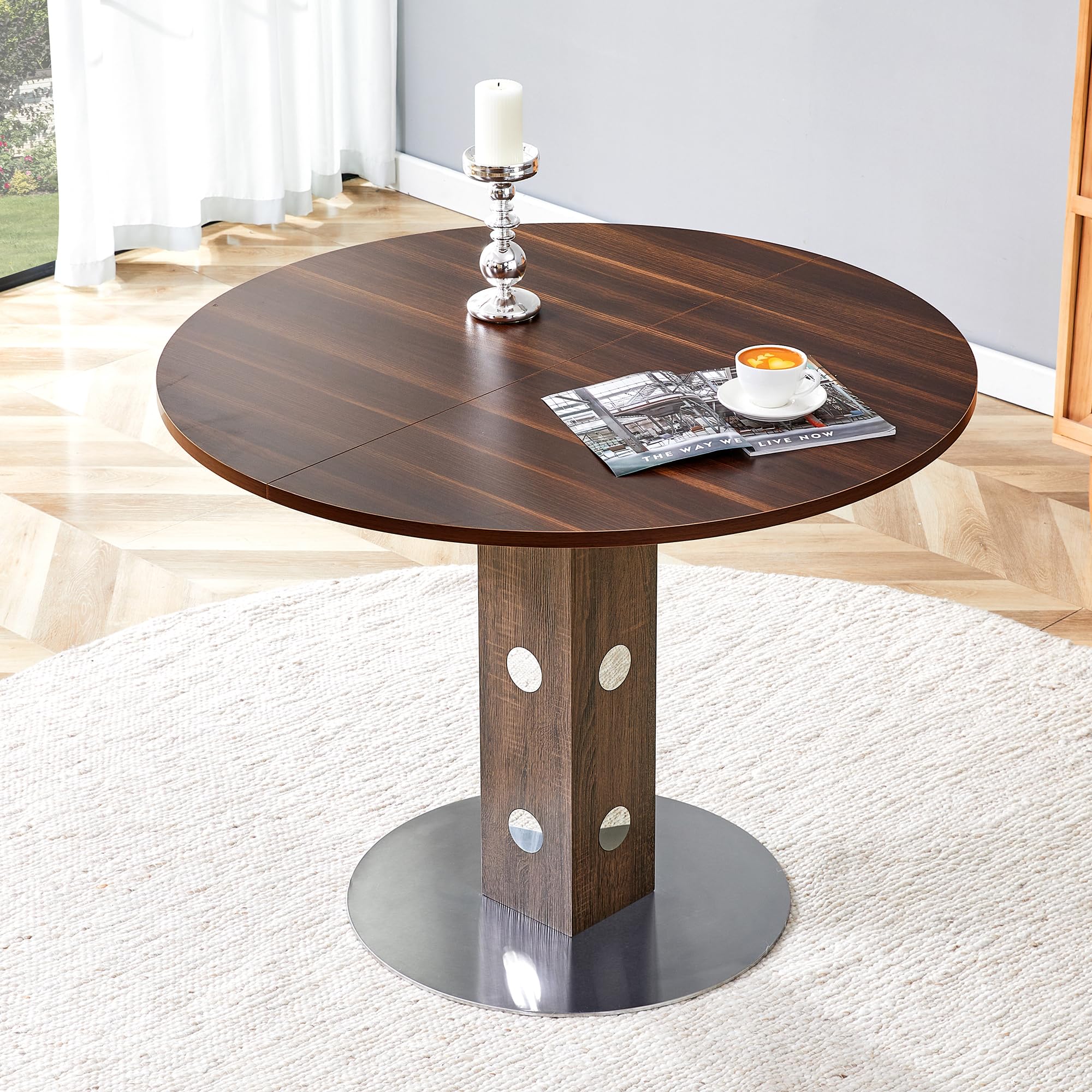 TIZZ Moderno tavolo da pranzo rotondo con piedistallo quadrato in legno e accenti a specchio, venature del legno di noce e base in metallo, per 2-4 persone, ideale per cucina, sala da pranzo e piccoli