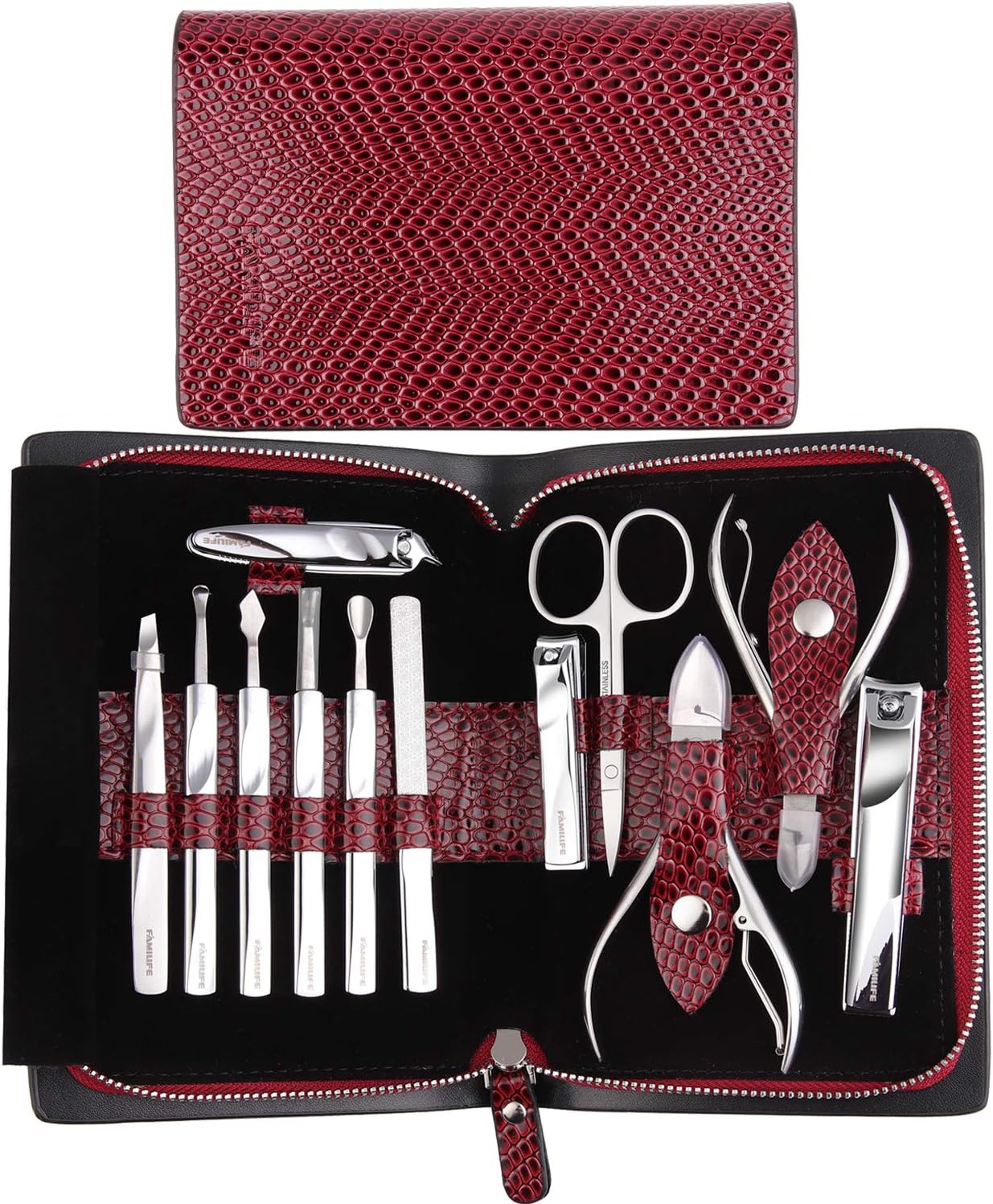 Gifts for Women, FAMILIFE Manicure Set Manicure Kit Professional Nail Clippers Set Pedicure Kit Luxury Nail Kit 12PCS Stainless Steel Pedicure Tools Grooming Kit with Red Snakeskin Pattern Travel Case