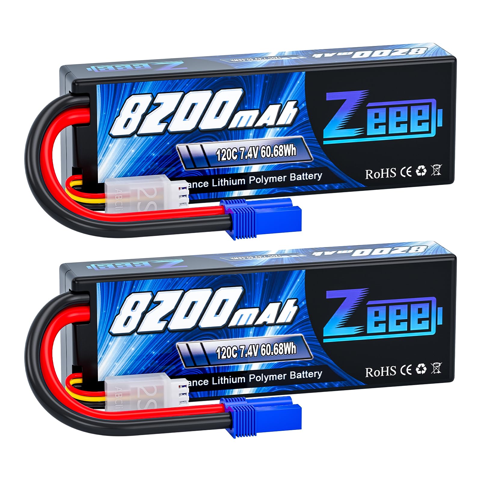 Zeee 2S Lipo Battery 8200mAh 7.4V 120C Hard Case RC Car Battery with EC5 Plug for 1/8 1/10 RC Vehicles RC Car Truck Truggy RC Boat Helicopter Racing