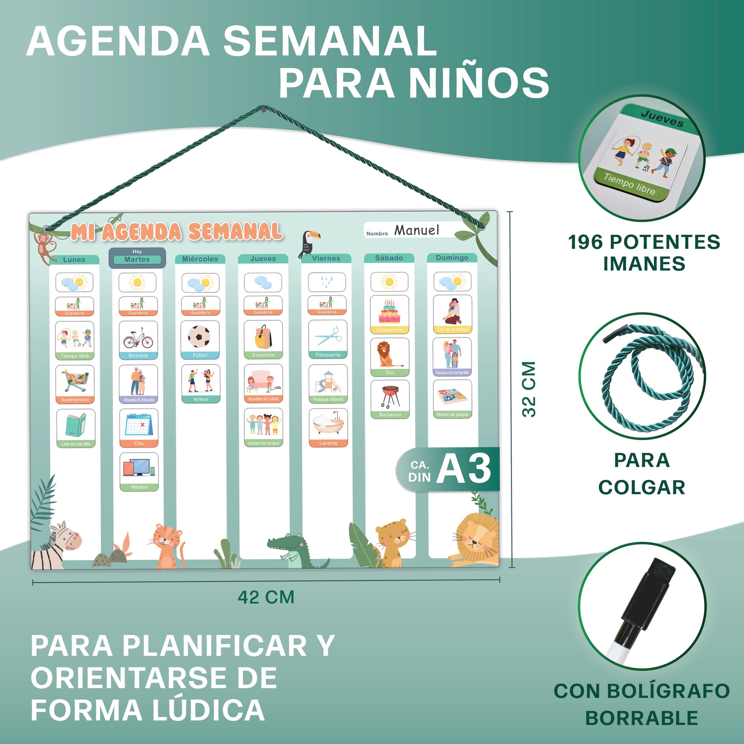 Planificador semanal para niños - Pizarra magnética Montessori con un bonito diseño que incluye 196 imanes y un bolígrafo - Juegos educativos a partir de 3 años - Calendario infantil