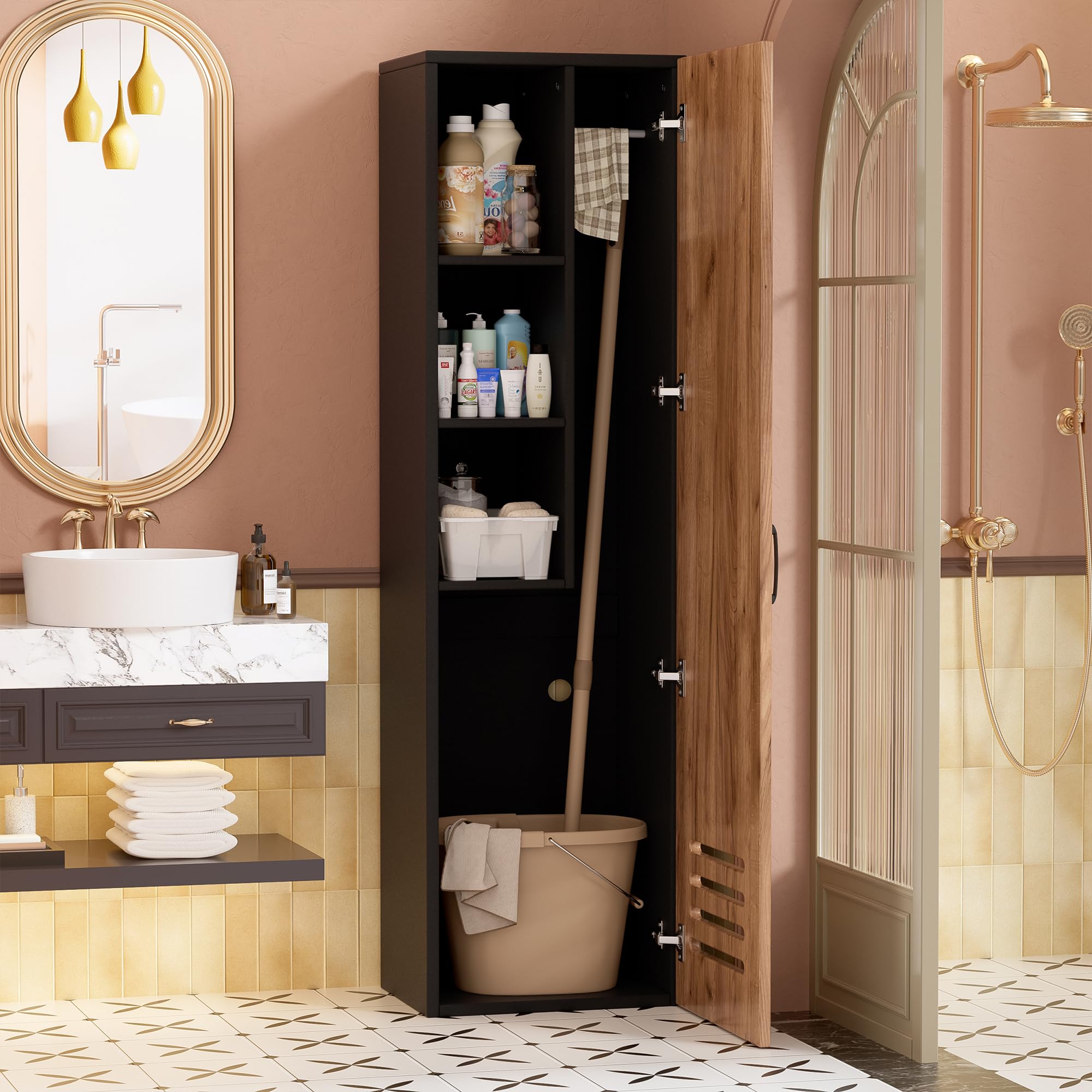 MSFE Armoire de Nettoyage Placard à Balai Meuble Rangement,Armoire Multifonction Pratique pour Aspirateur Balai,Bois Meuble de Rangement Produit d'entretien,40 cm de Large,160 * 40 * 30cm,Noir&Chêne
